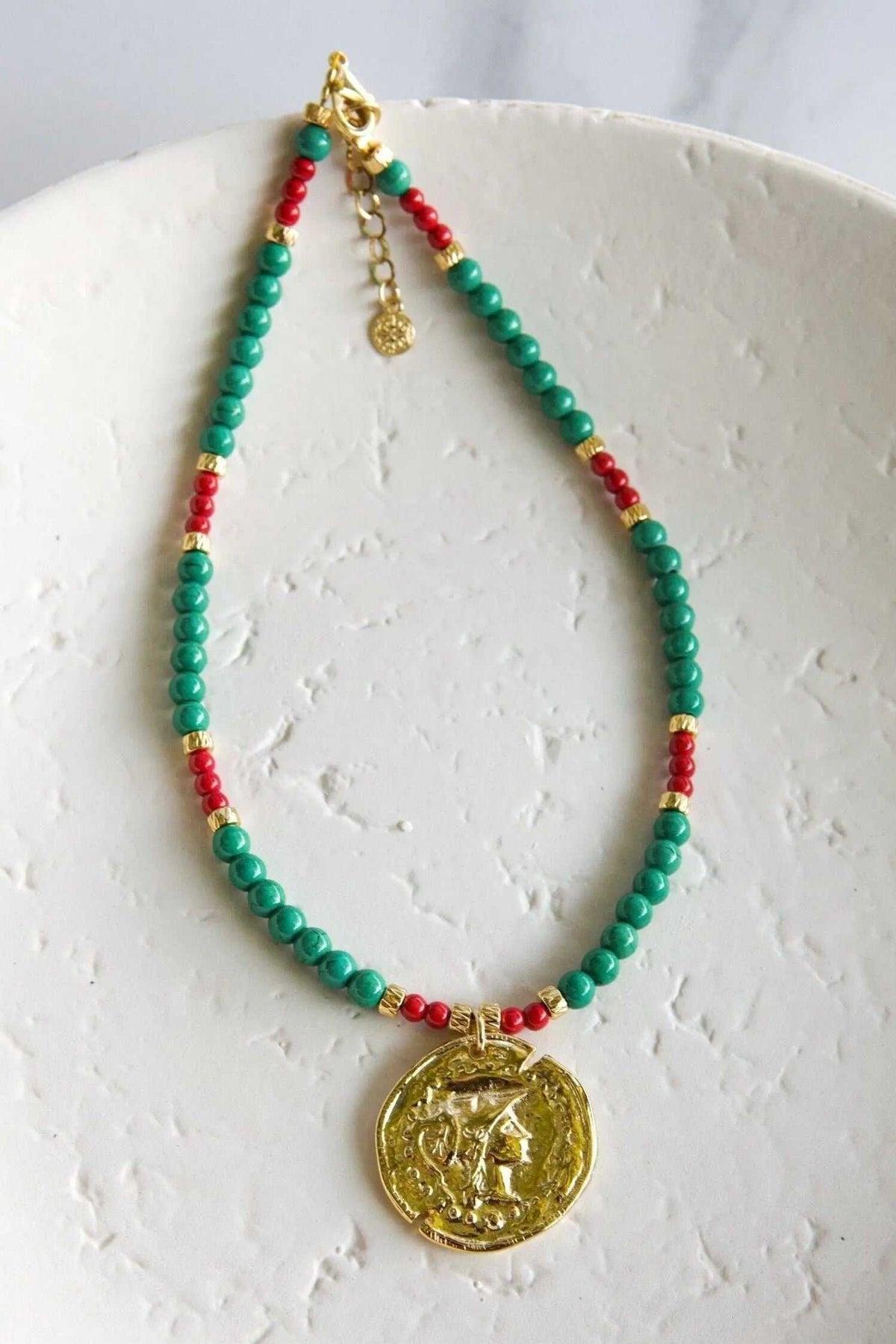 Ancient coin NECKLACE with turquoise green and red beads, gold-tone chain and large round Athena coin pendant