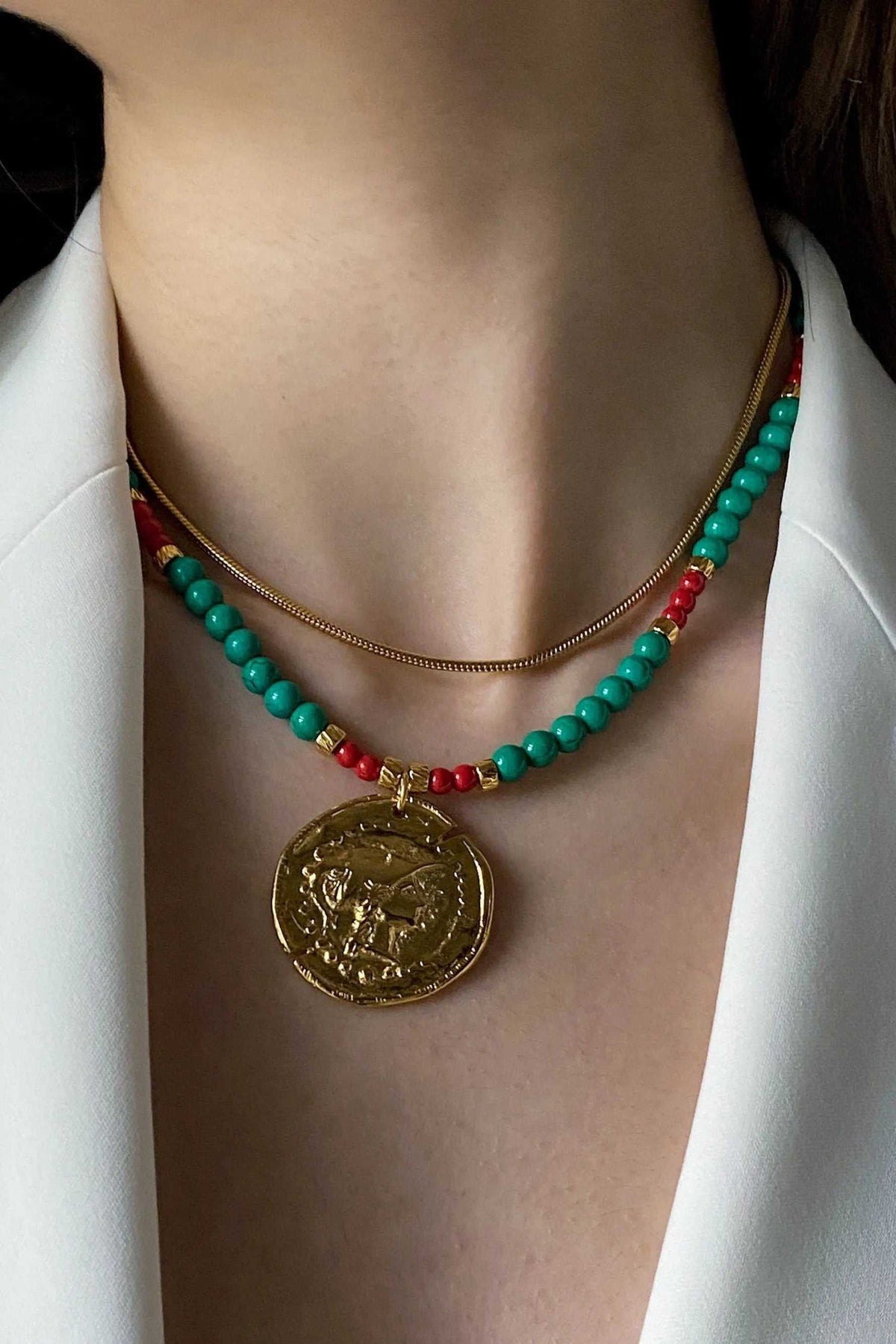 Ancient coin NECKLACE with turquoise-green and red beads, fine gold-tone chain and large round embossed coin pendant