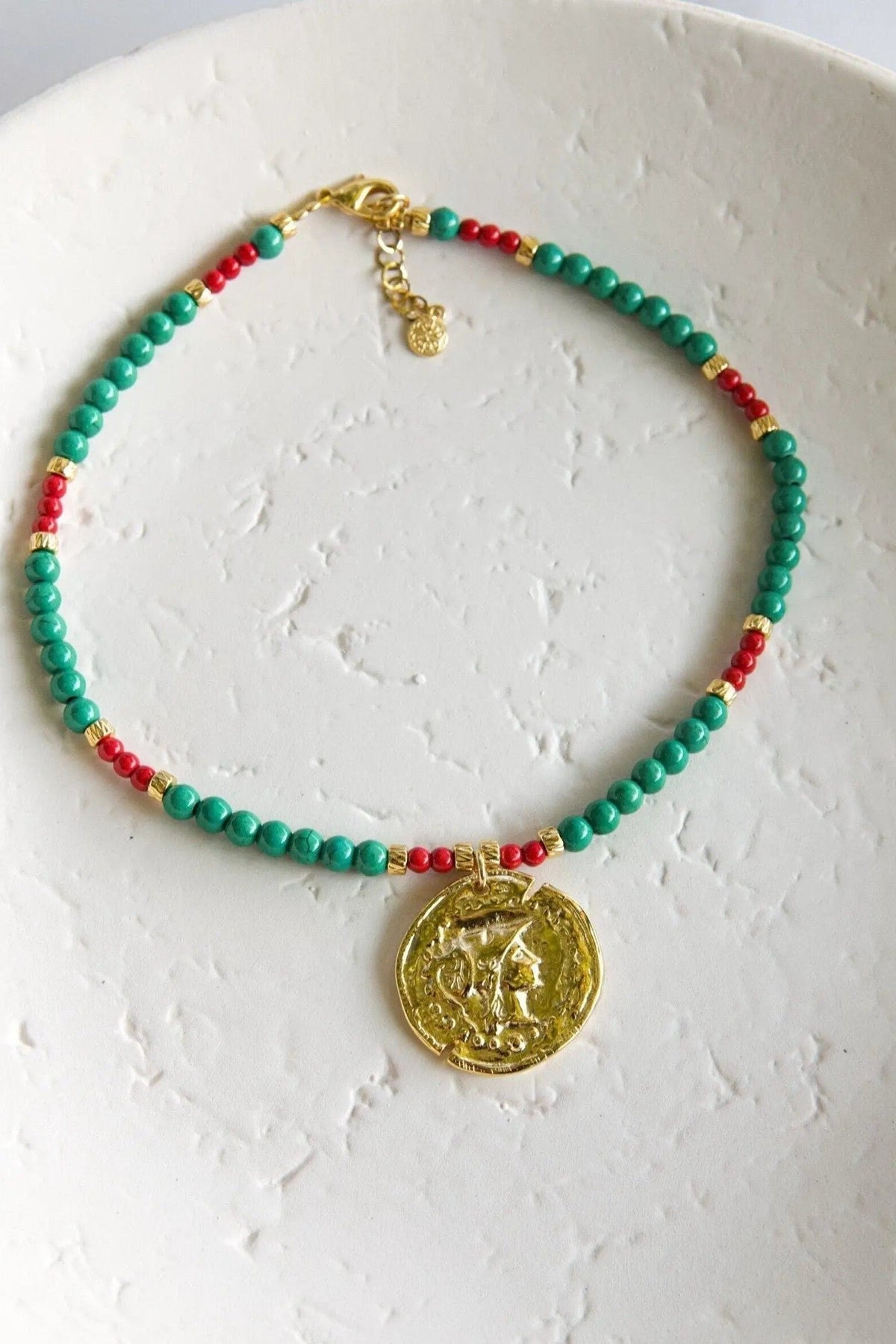 Ancient coin NECKLACE with turquoise green and red beads, gold-tone Athena coin pendant and extender chain