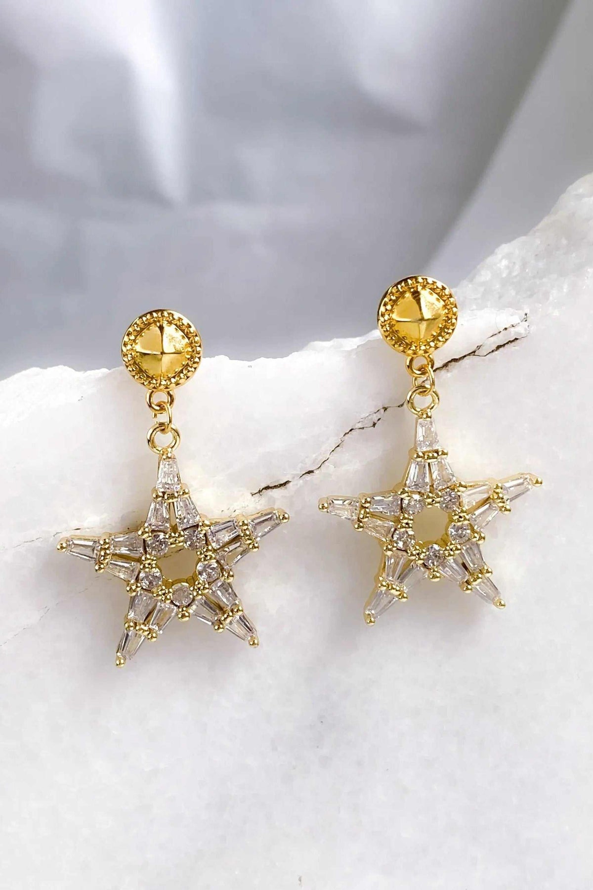 ANDROMEDA Earrings, gold-toned star-shaped dangle earrings with clear zircon stones and round textured studs