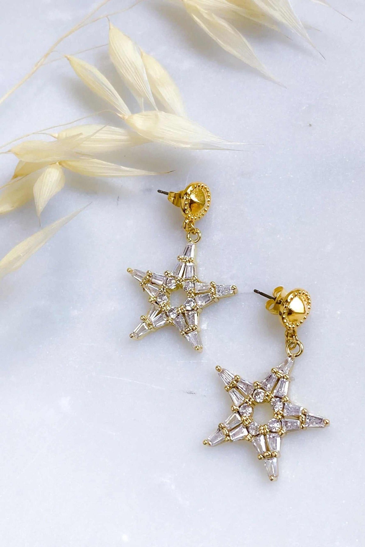 ANDROMEDA Earrings, gold plated star-shaped drop earrings with sparkling clear zircon stones