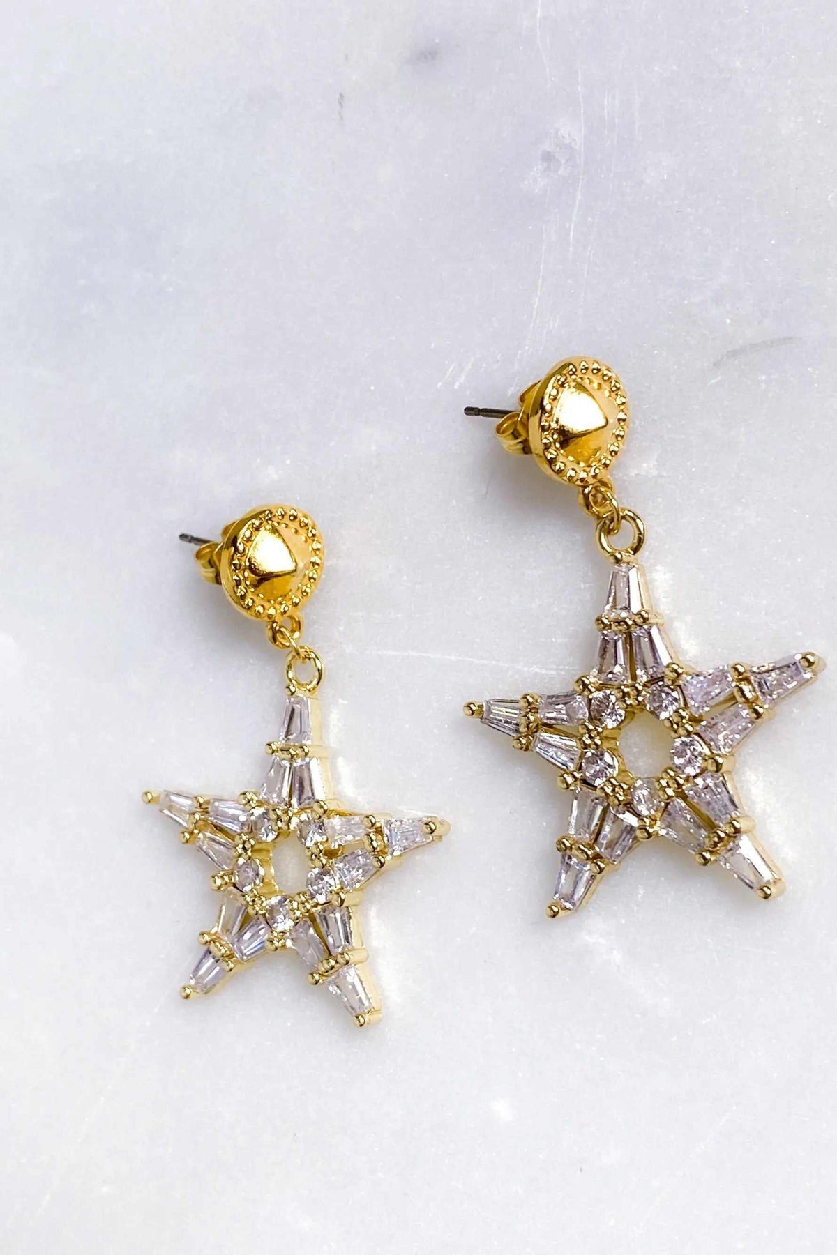 ANDROMEDA Earrings, gold-tone star-shaped earrings with clear zircon stones and heart-shaped stud tops