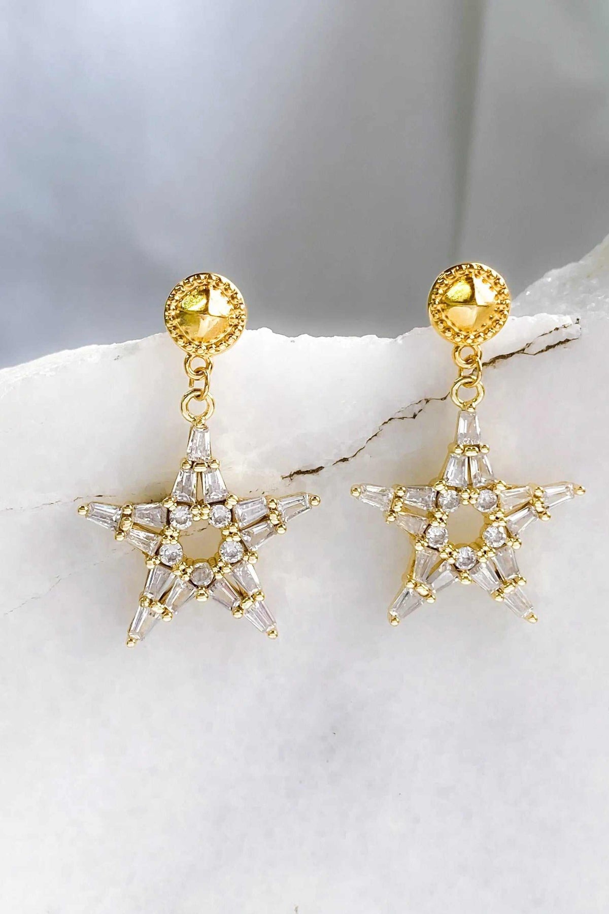ANDROMEDA Earrings, gold-tone brass and zircon star drop earrings with sparkling pointed star pendants