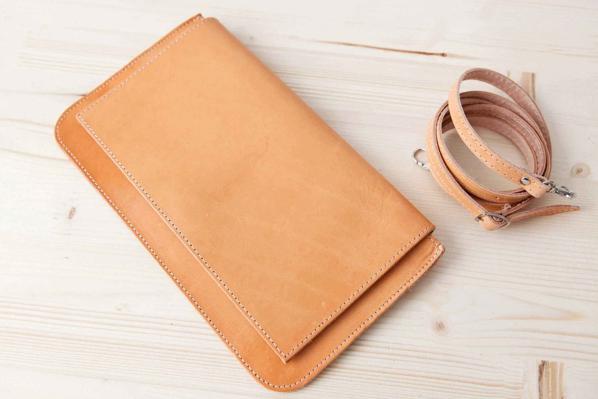ARION envelope clutch bag in natural tan leather with contrast stitching, large flap and separate removable shoulder strap
