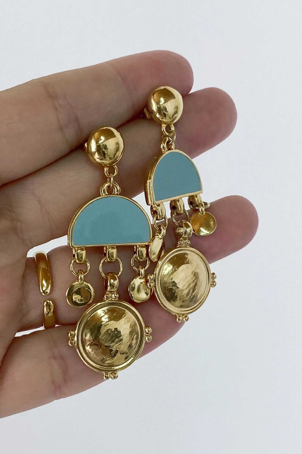 ASTRADENI EARRINGS in gold-tone metal with pale blue enamel arches, dangling chains and round medallions