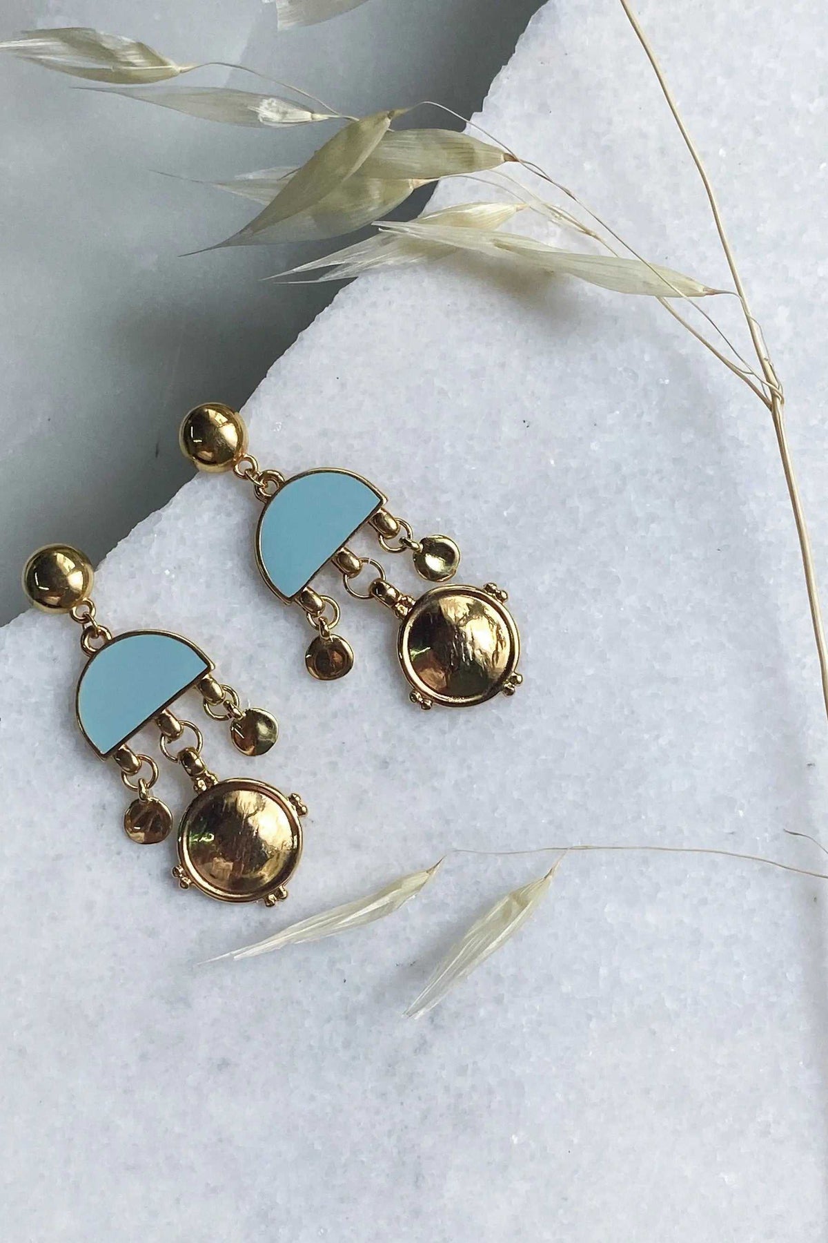 ASTRADENI EARRINGS with gold-tone round studs, light blue semicircles, dangling charms and polished circular drops