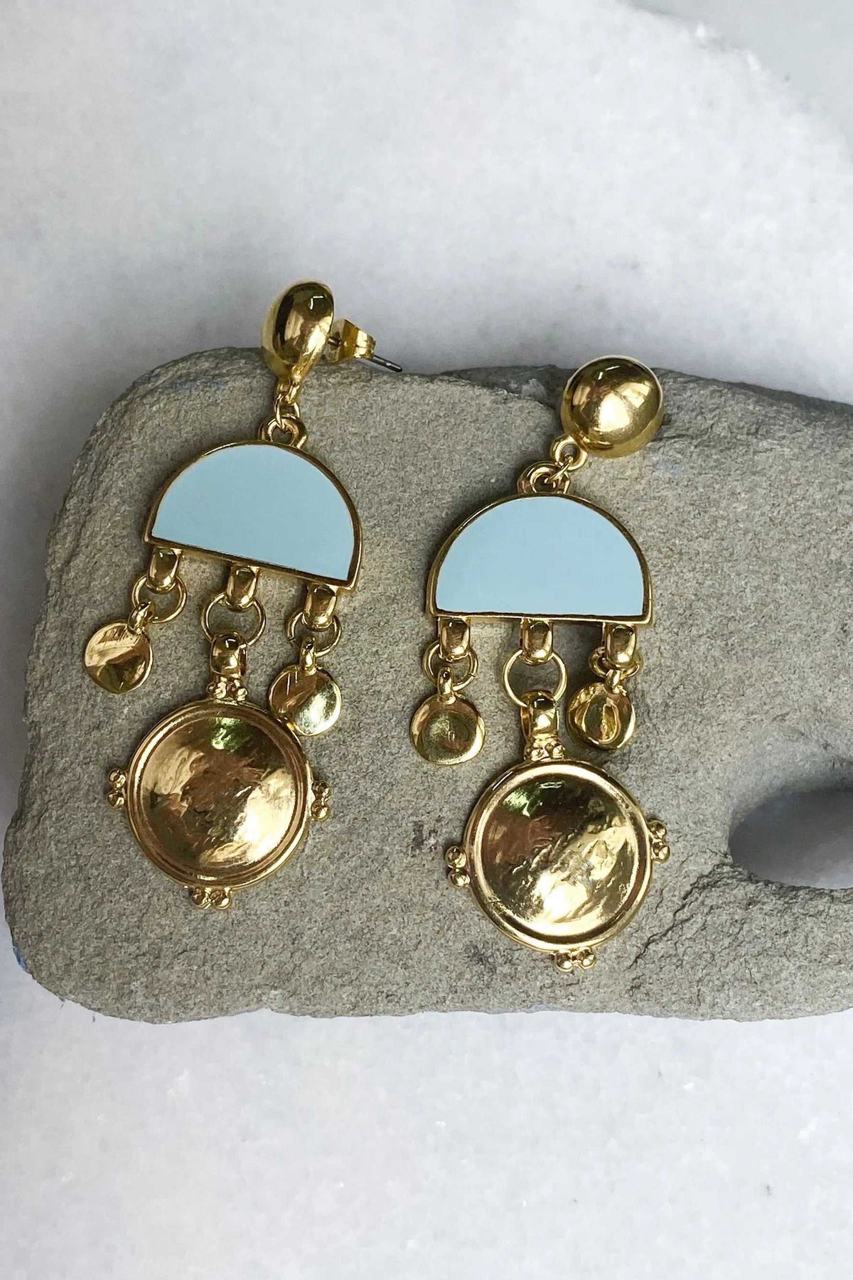 ASTRADENI EARRINGS in gold-tone metal with pale blue semicircle inlays, dangling charms and round resin details