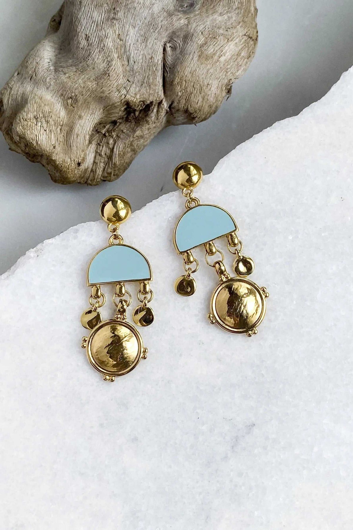 ASTRADENI EARRINGS in gold-tone metal with pale blue resin semicircles, dangling charms and round domed details