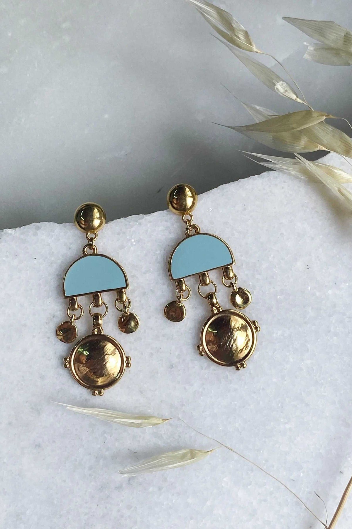 ASTRADENI EARRINGS with gold-tone circular studs, pale blue semicircles, dangling charms and round metallic drops