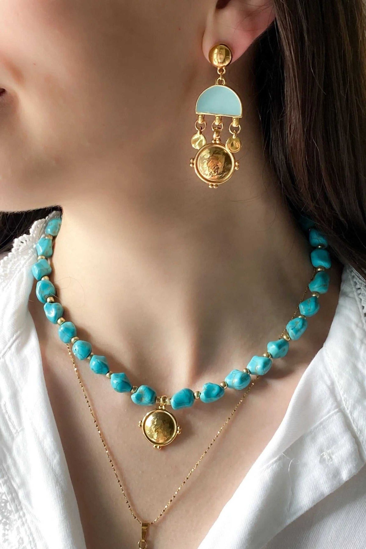ASTRADENI EARRINGS in gold-tone metal with a turquoise half-moon, dangling round charms and coin pendant