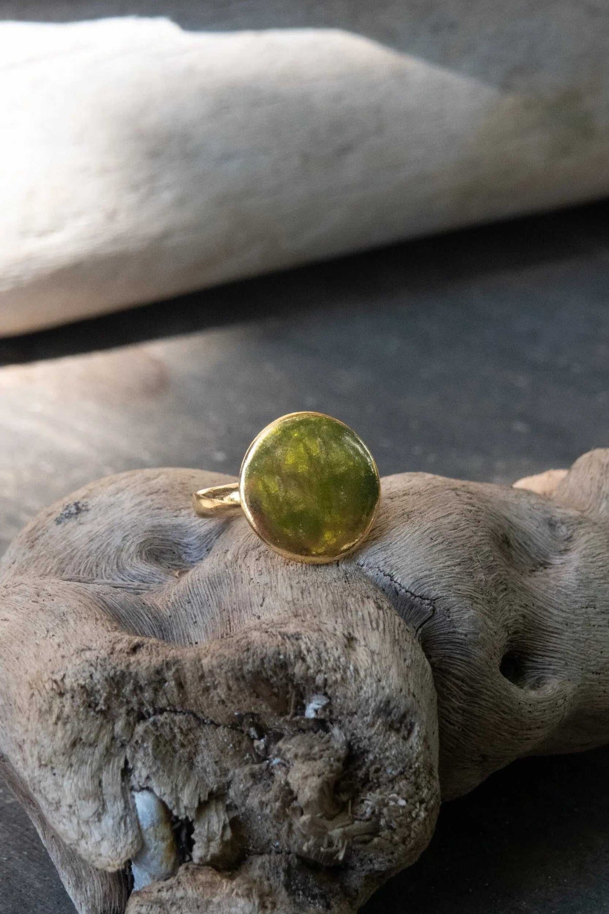 BIG Round RING with a large round mottled olive-green stone set in a gold-tone band, with a smooth bezel edge