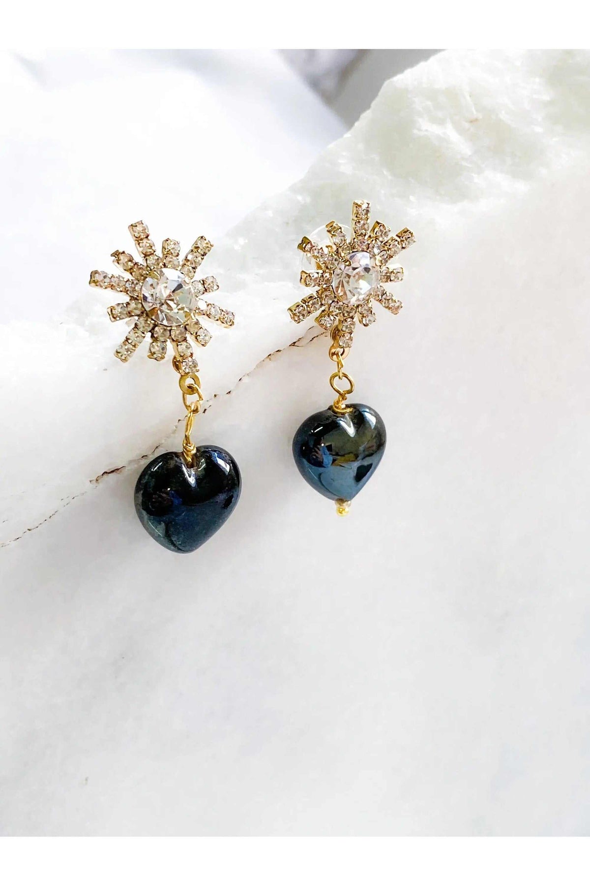 BLACK crystal Heart Earrings with glossy black heart drops and gold-toned crystal starburst tops
