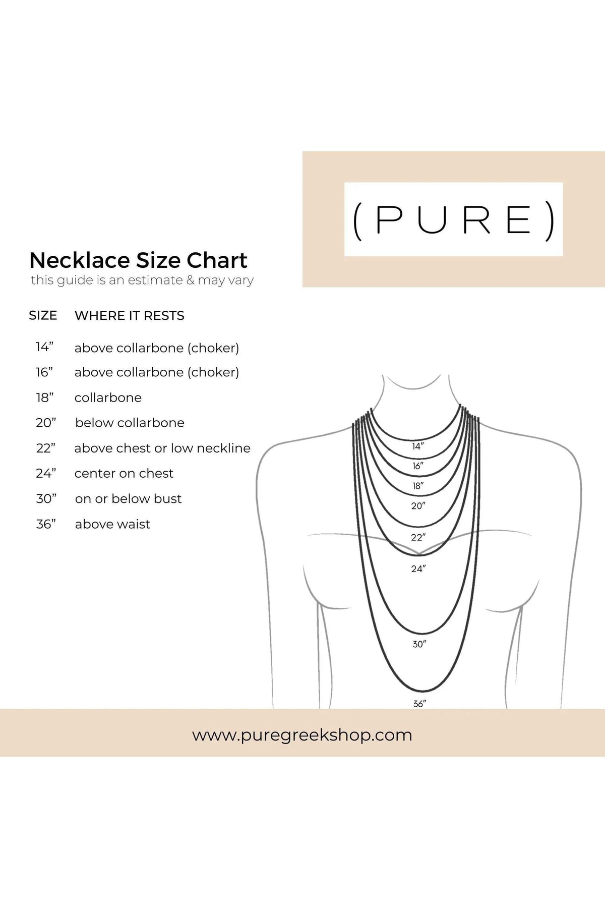 Chain Necklace size chart showing necklace lengths from 14 to 36 inches on a torso illustration
