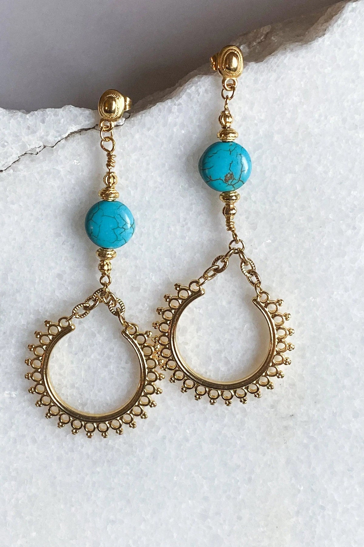 ÉRIS EARRINGS, gold-tone brass drop earrings with turquoise round beads and ornate open teardrop filigree charms