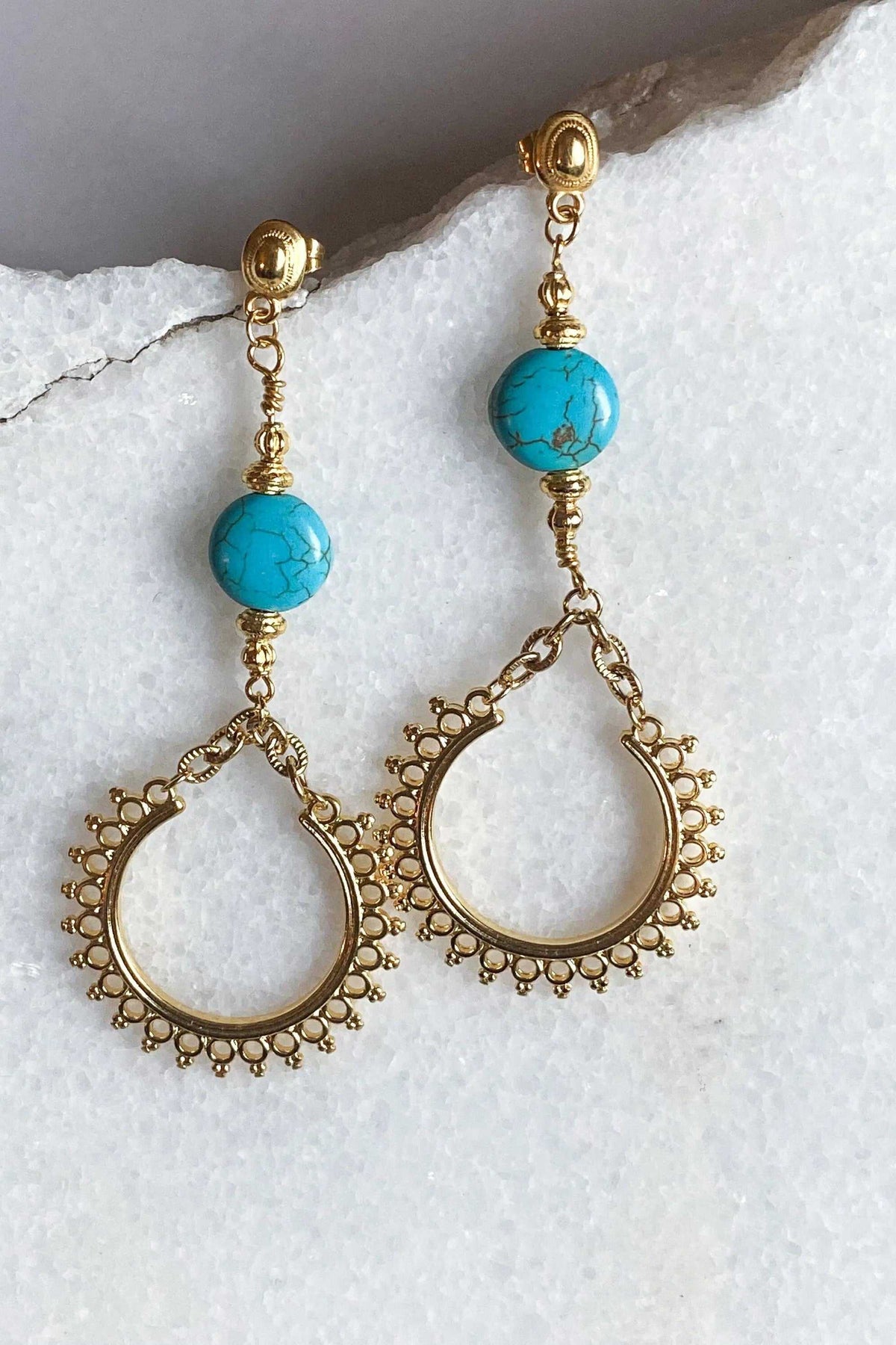 ÉRIS EARRINGS gold-tone statement earrings with turquoise round stones and ornate filigree teardrop frames