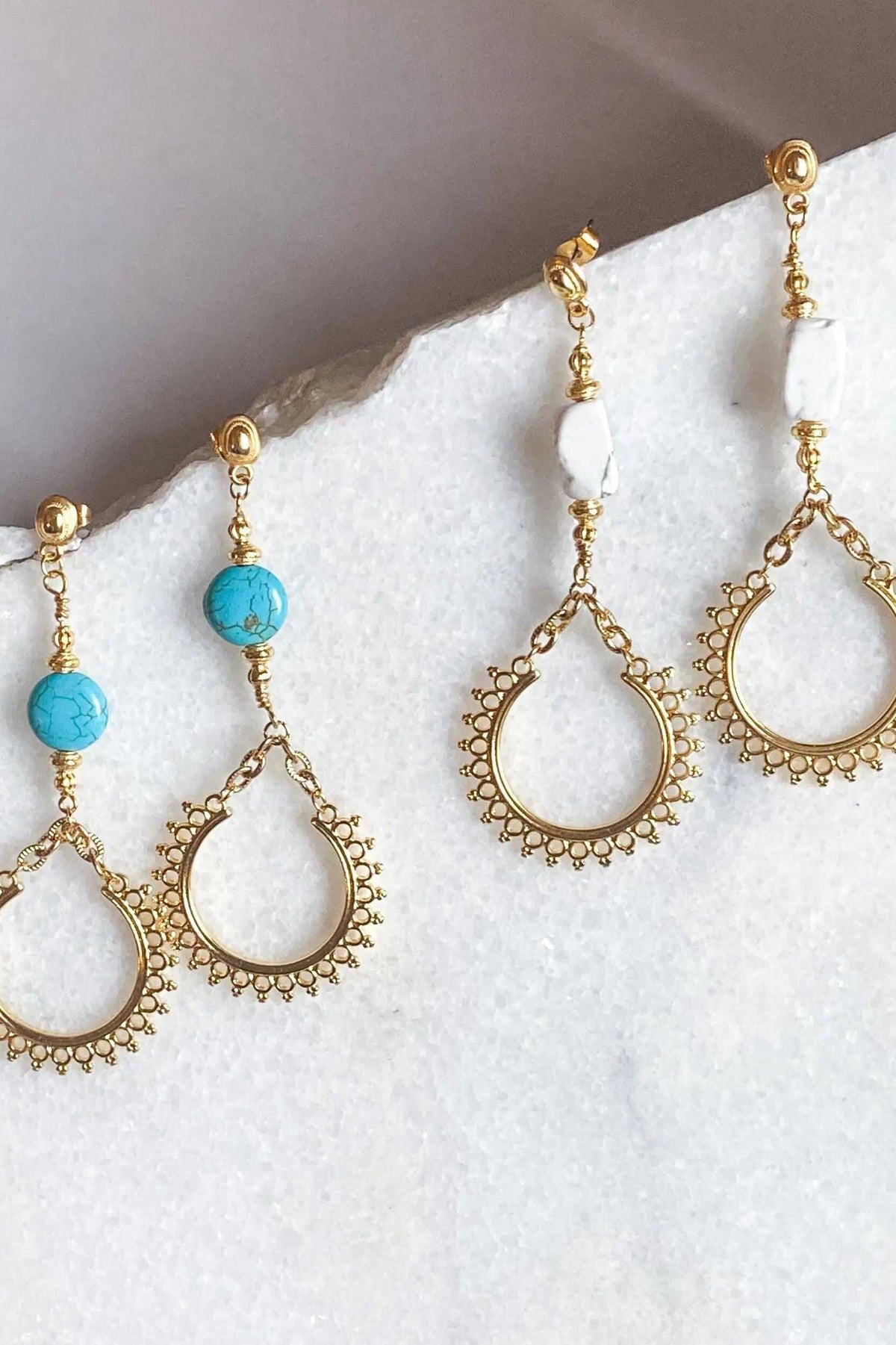 ÉRIS EARRINGS gold-plated statement earrings with turquoise and white stones and ornate teardrop filigree