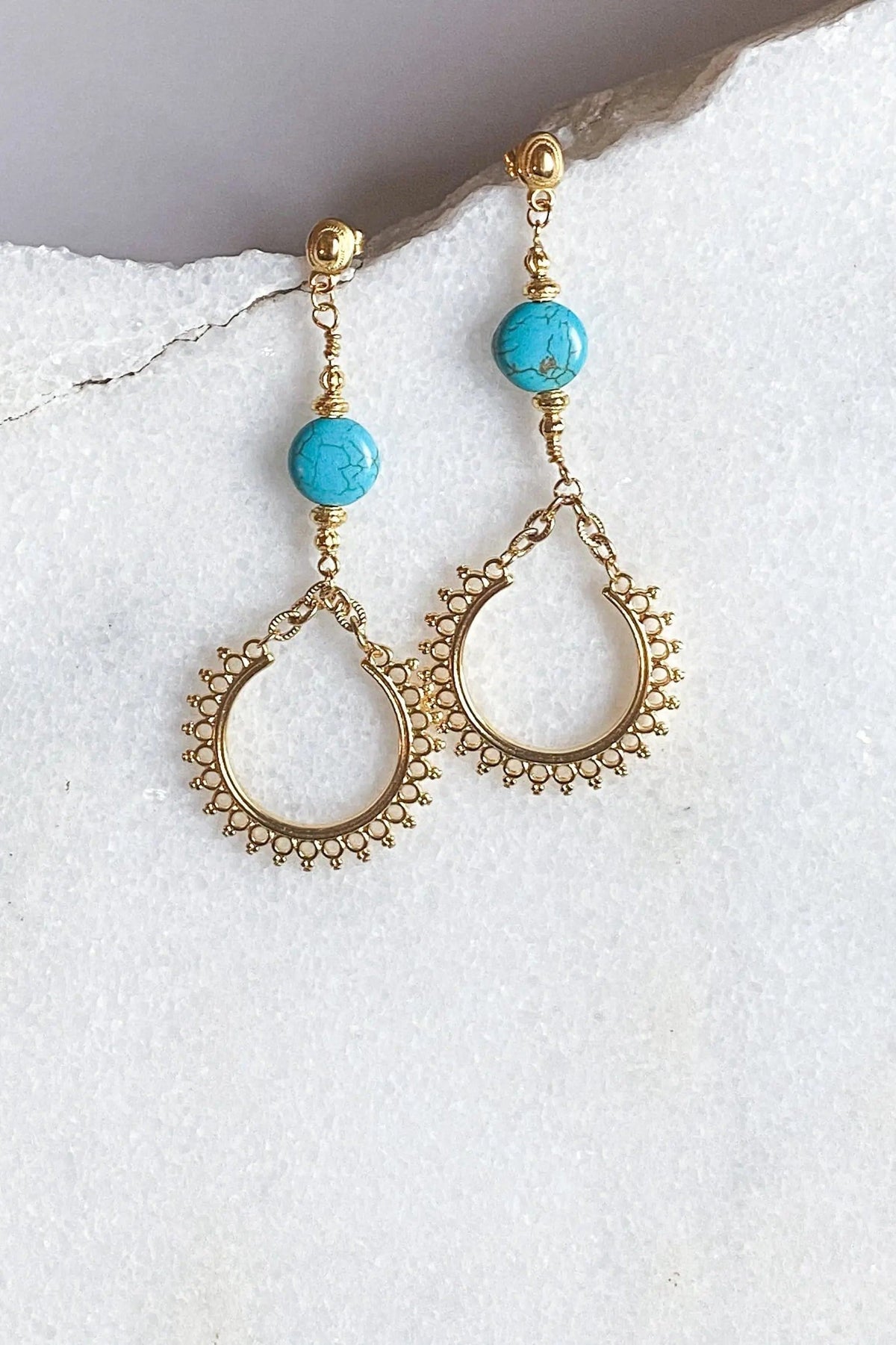 ÉRIS EARRINGS, gold-tone brass statement earrings with turquoise beads and ornate teardrop filigree frames