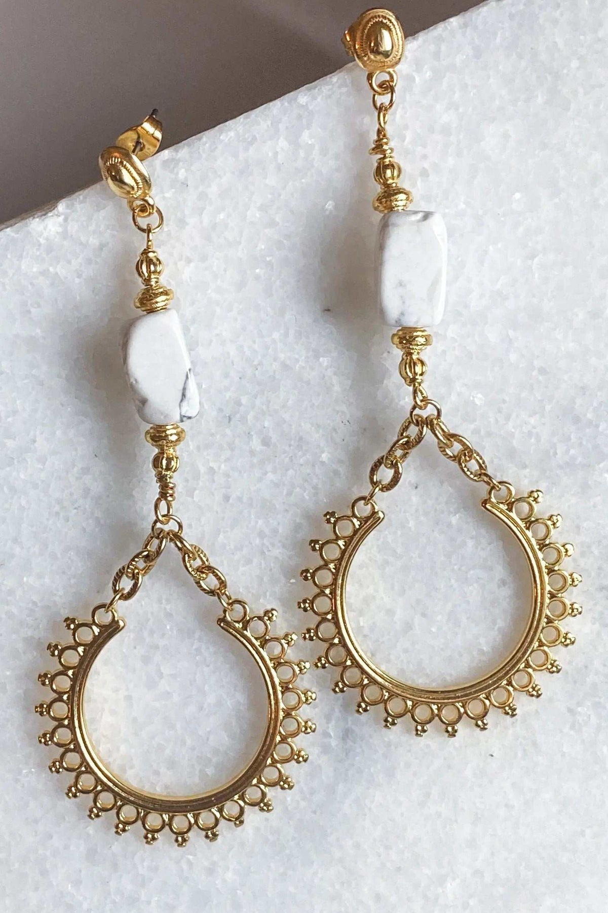 ÉRIS EARRINGS white stone and gold-plated brass drop earrings with ornate beaded teardrop frames