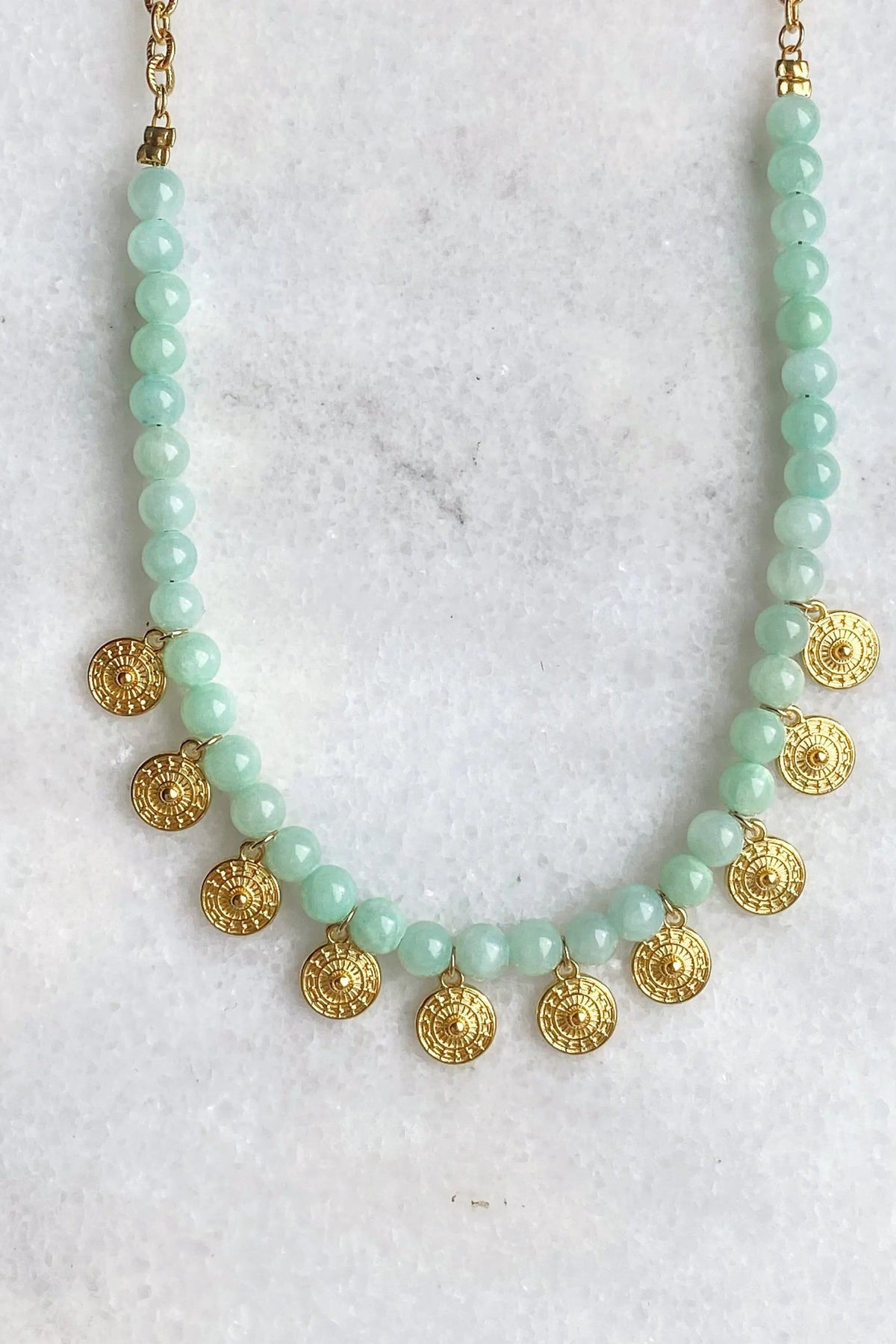 ERSA NECKLACE with mint green gemstone beads, gold-tone chain and ornate round pendant charms
