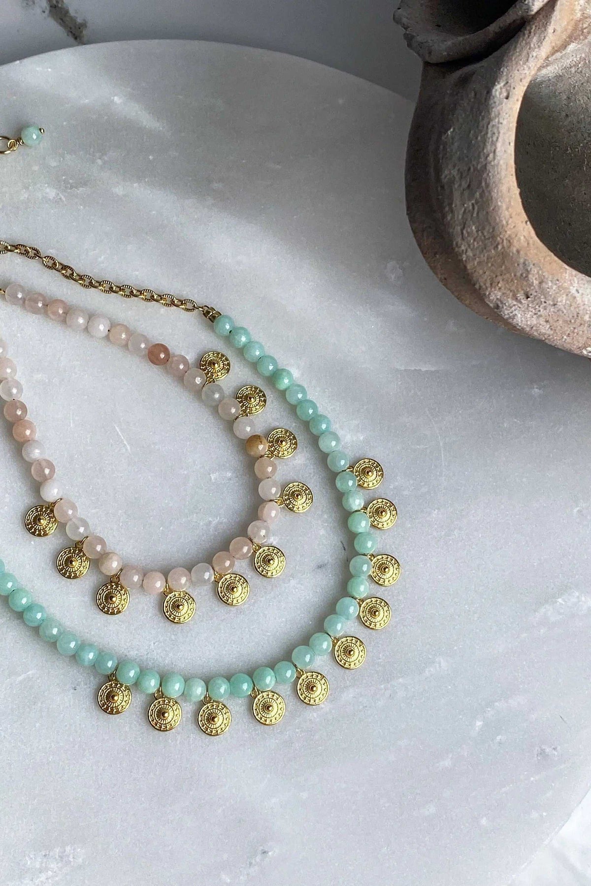 ERSA NECKLACE with pale peach and mint green round gemstone beads, gold-tone chains and dangling coin charms