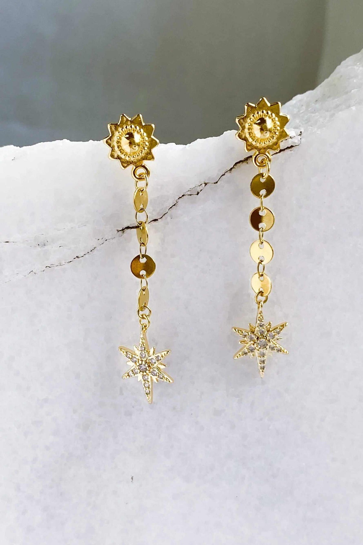 ESTRADE Earrings, gold-tone celestial long chain earrings with sunburst studs, linked charms and star pendants