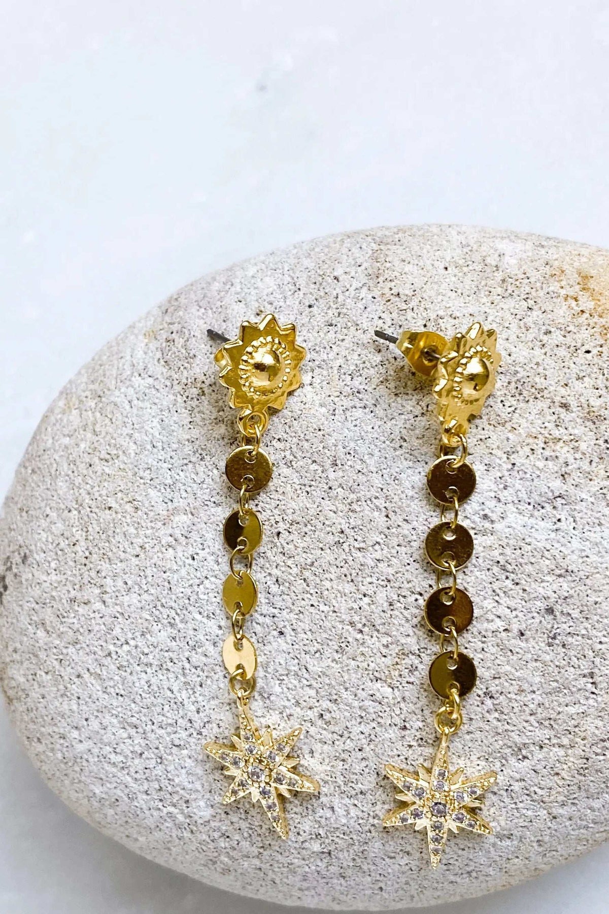 ESTRADE Earrings, gold-toned long chain earrings with sunburst studs and sparkling starburst pendants