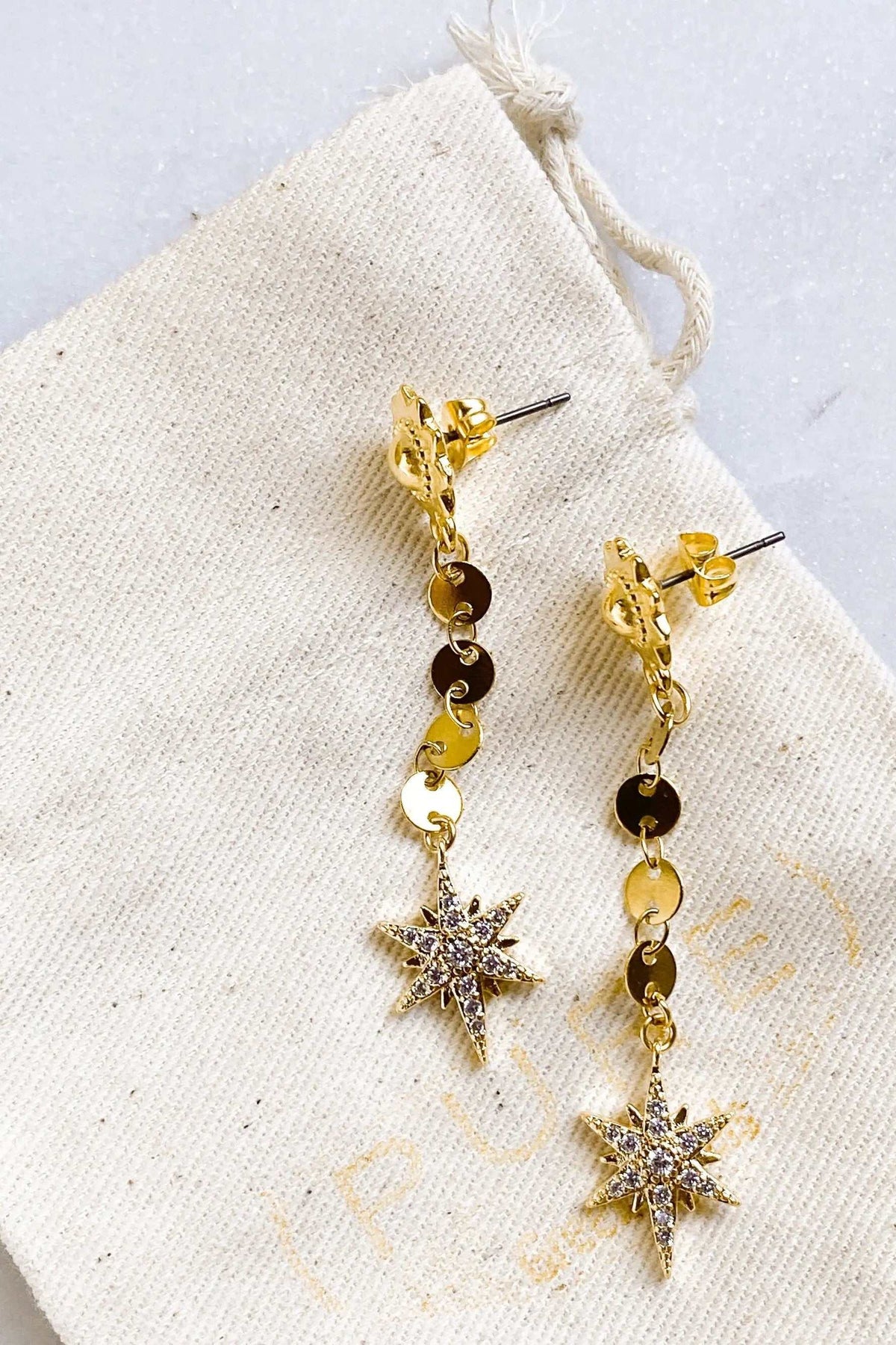 ESTRADE Earrings, gold-plated long chain earrings with reflective discs and sparkling star-shaped charms