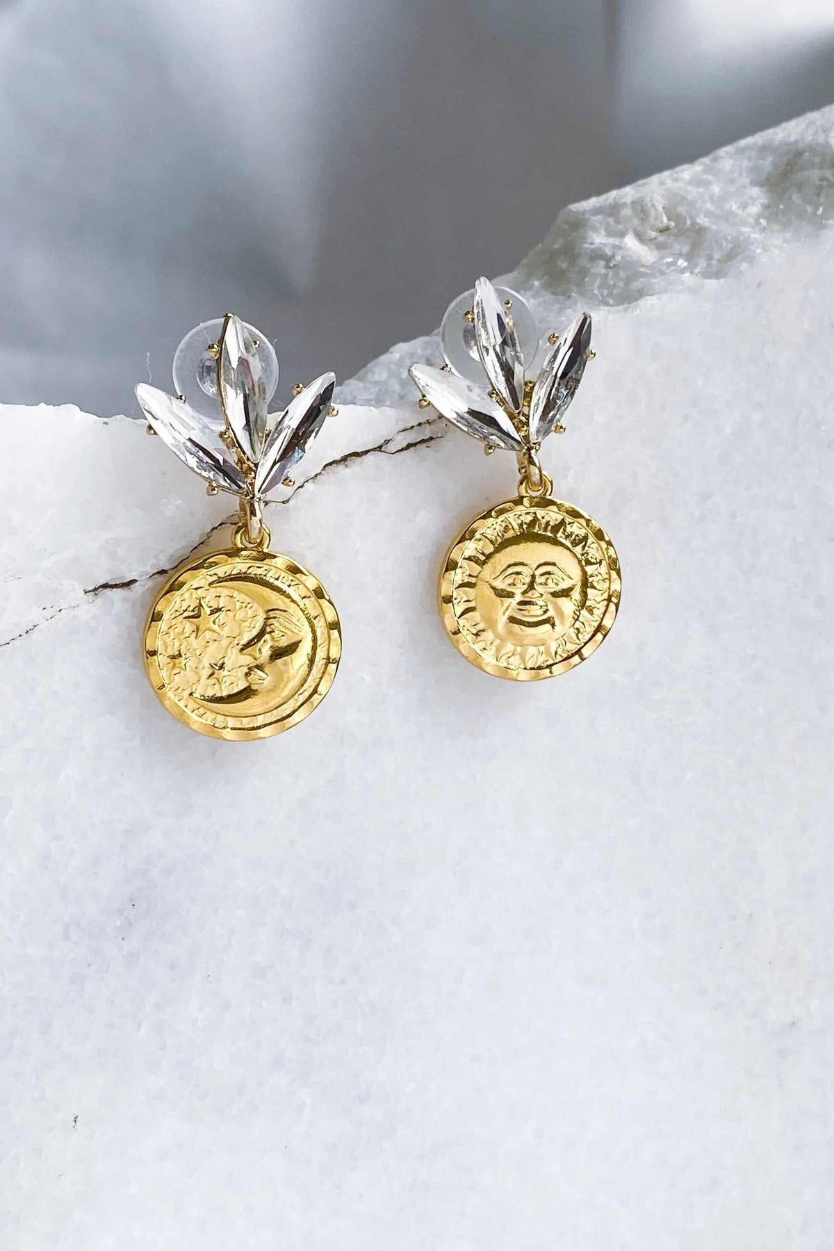 Gold Coin drop Earrings in gold-tone metal, with embossed coin charms and clear crystal leaf-shaped studs