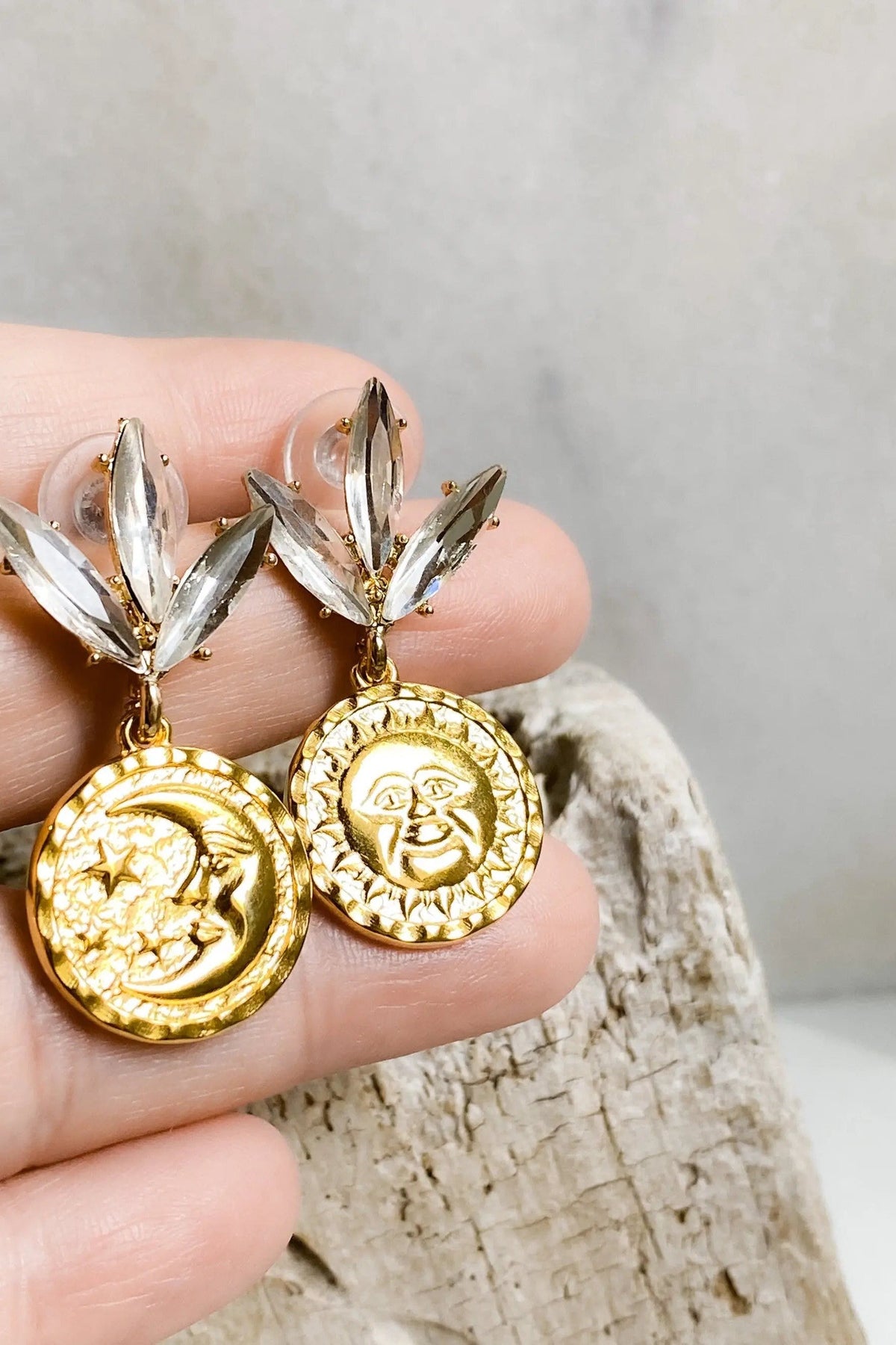 Gold Coin drop Earrings with bright gold sun-and-moon medallions and clear crystal leaf-shaped stud tops