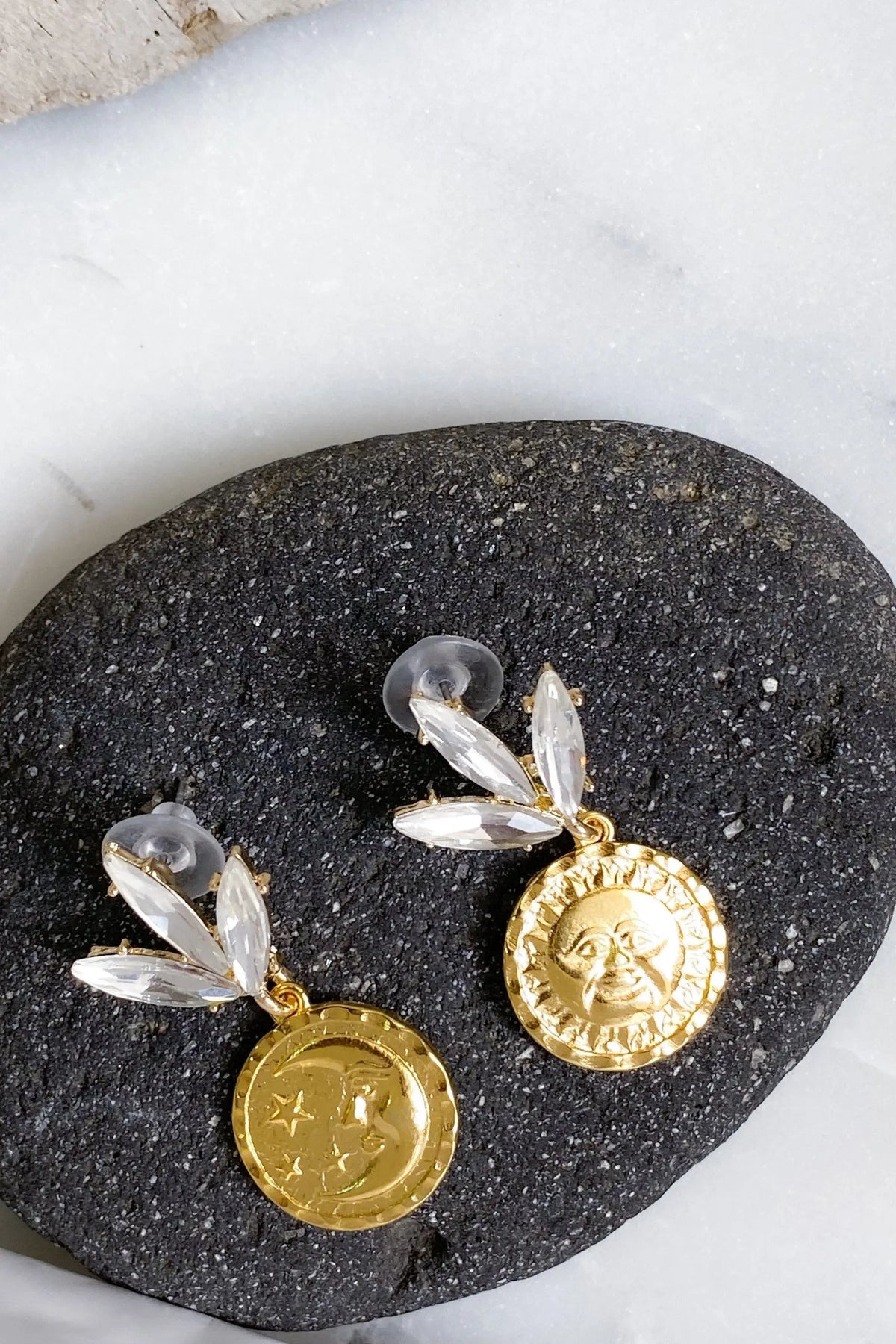 Gold Coin drop Earrings with gold sun and moon coin charms, clear crystal leaf accents and dark stud backs