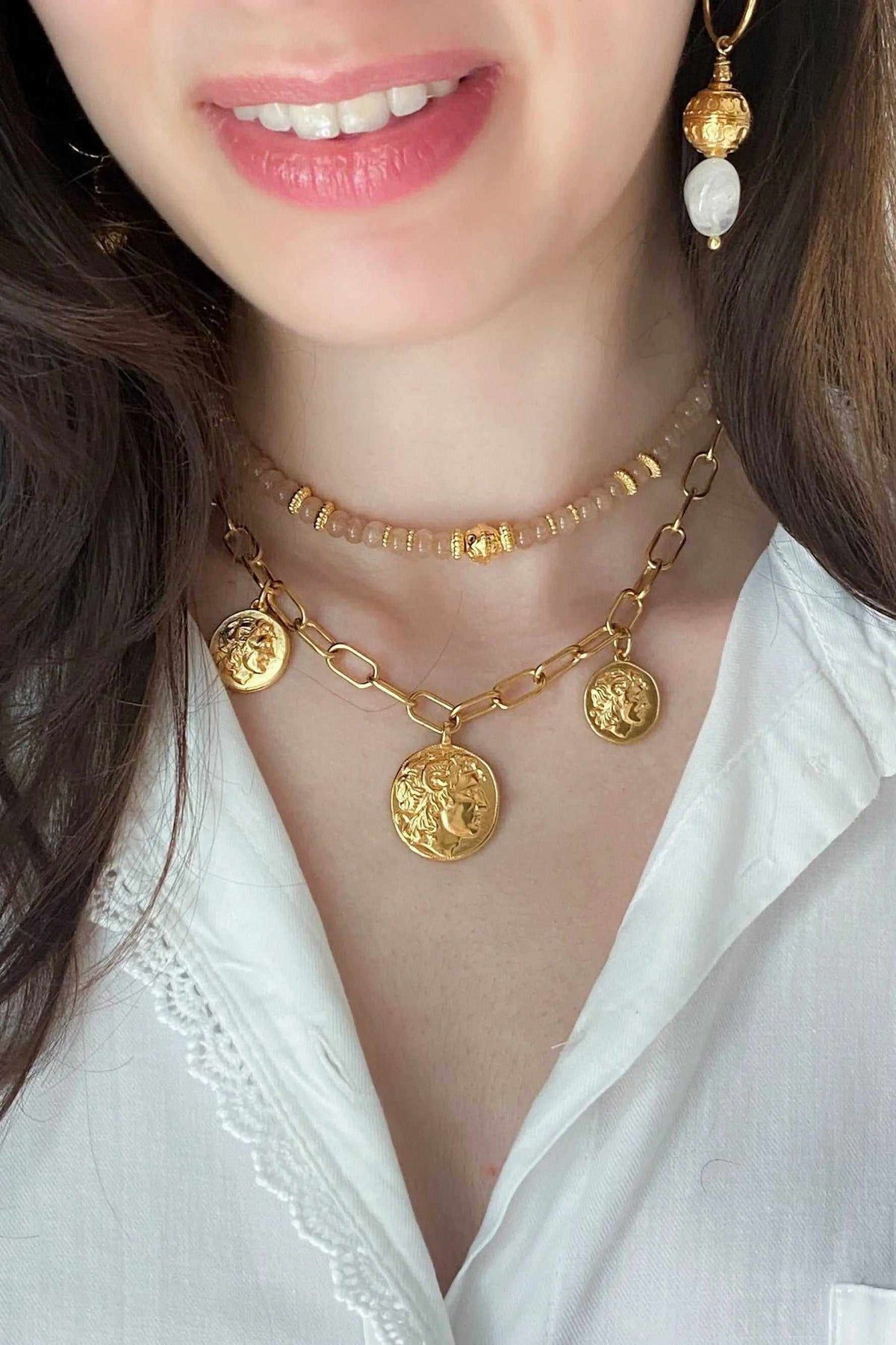 Gold Coin Necklace with chunky gold-tone chain and three round antique-style coin pendants