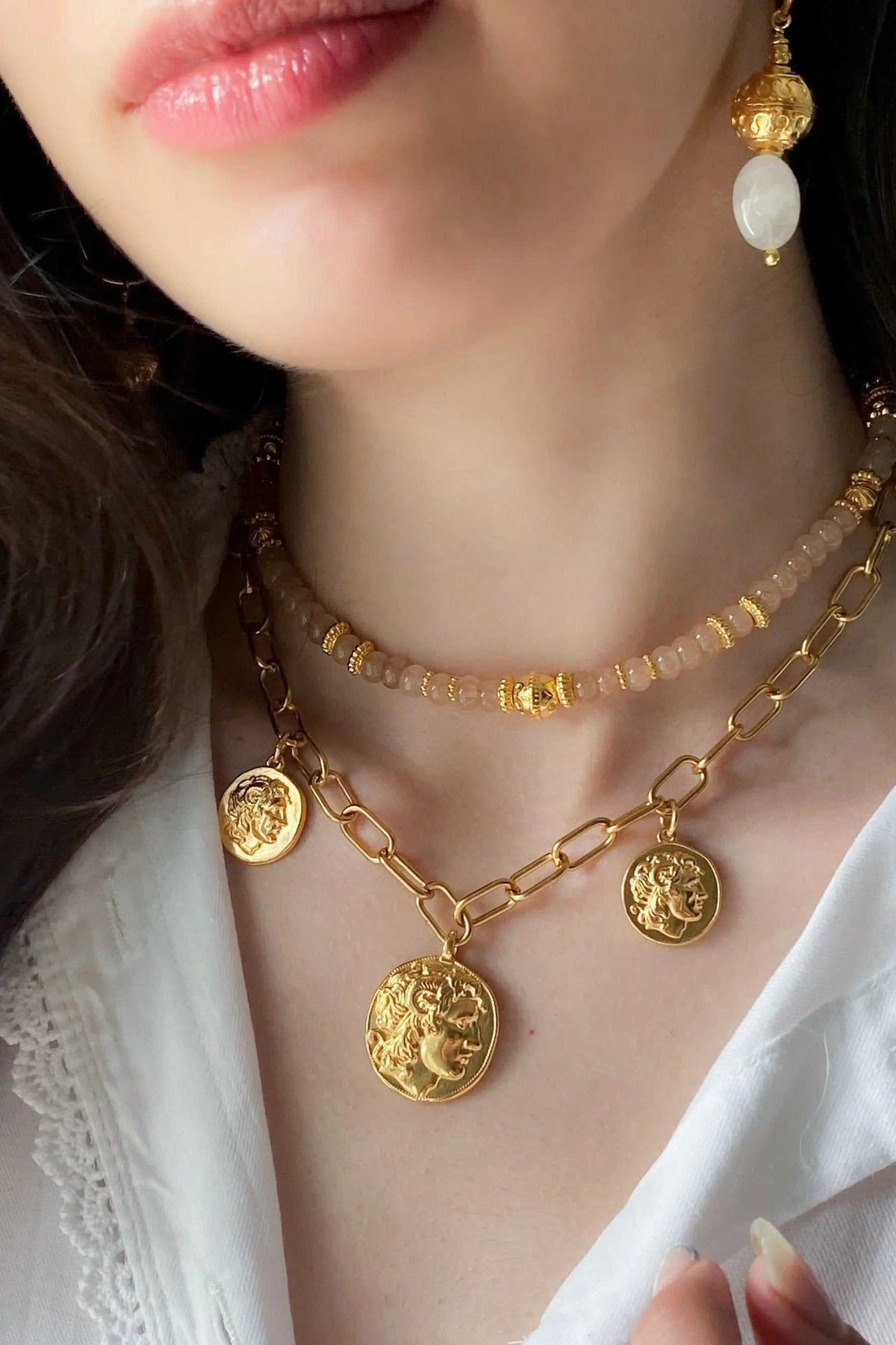 Gold Coin Necklace with gold-toned layered chains and three antique-style coin pendants, including a large central medallion