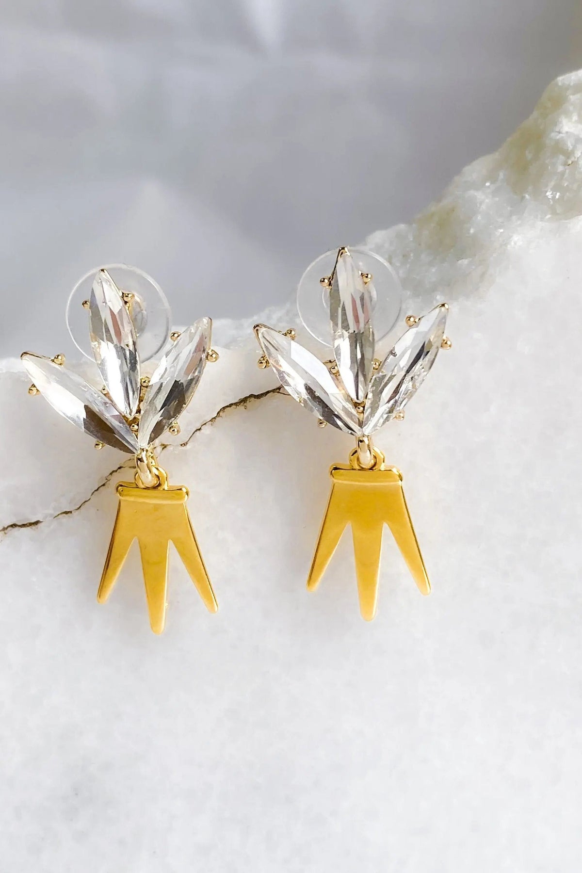 Gold Crown Earrings with gold-tone pointed crown drops and clear faceted crystal leaf studs