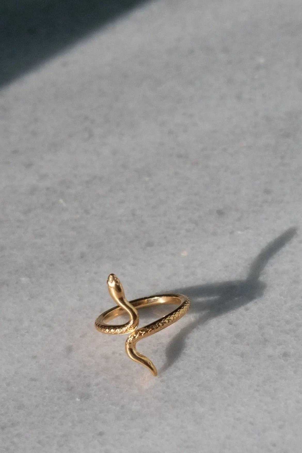 Gold Snake RING in polished gold-tone metal, formed as a slender coiled serpent with a raised head and tapered tail