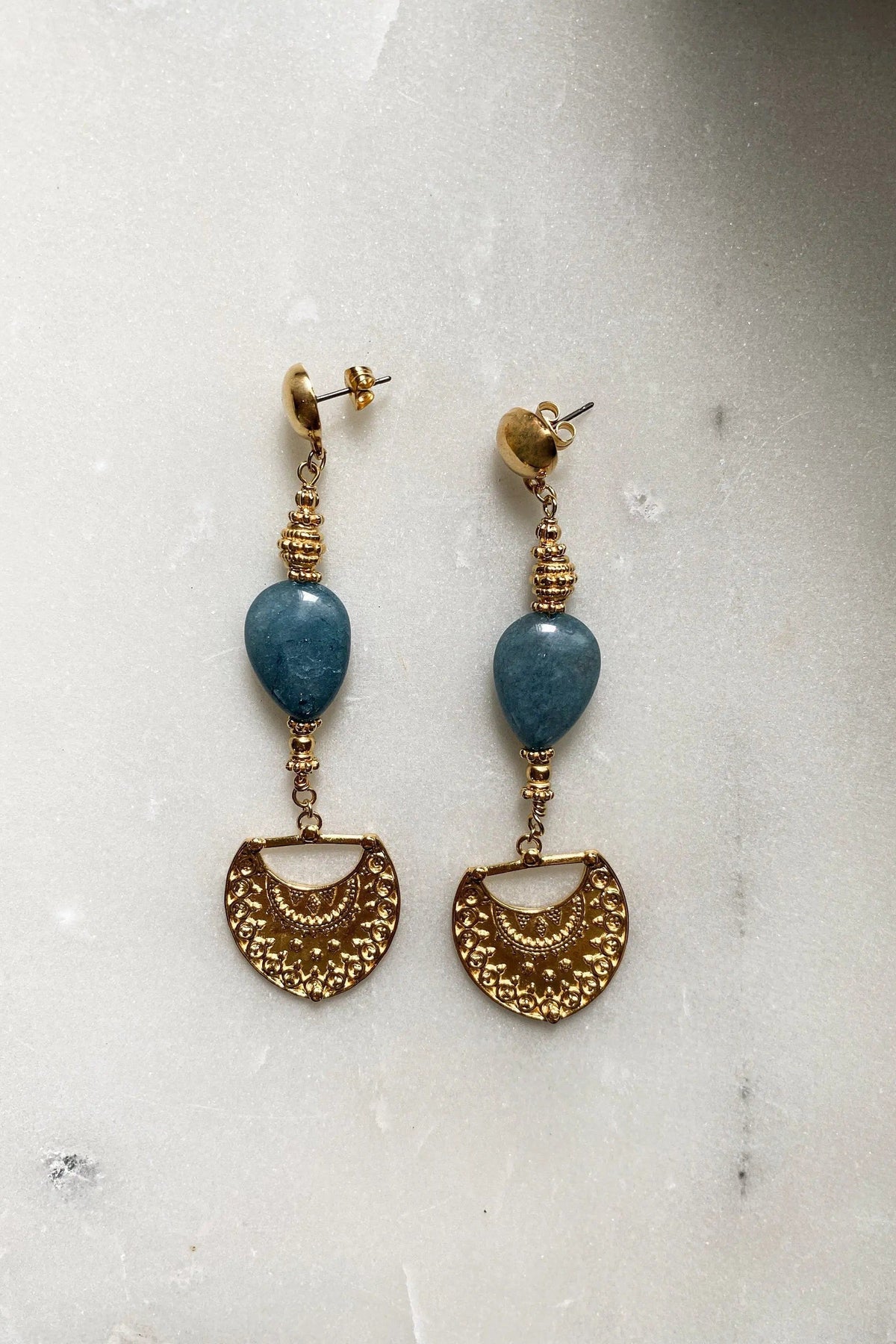 Gold Statement Dangle Earrings with blue jade teardrop stones and ornate gold-tone semicircle charms