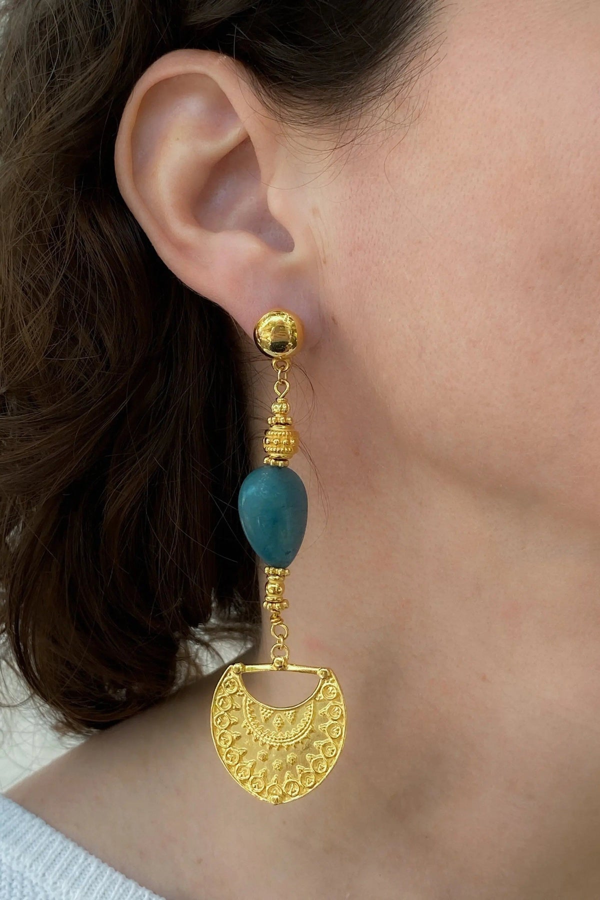 Gold Statement Dangle Earrings with ornate gold-tone filigree, turquoise-blue oval stone and linked drop design