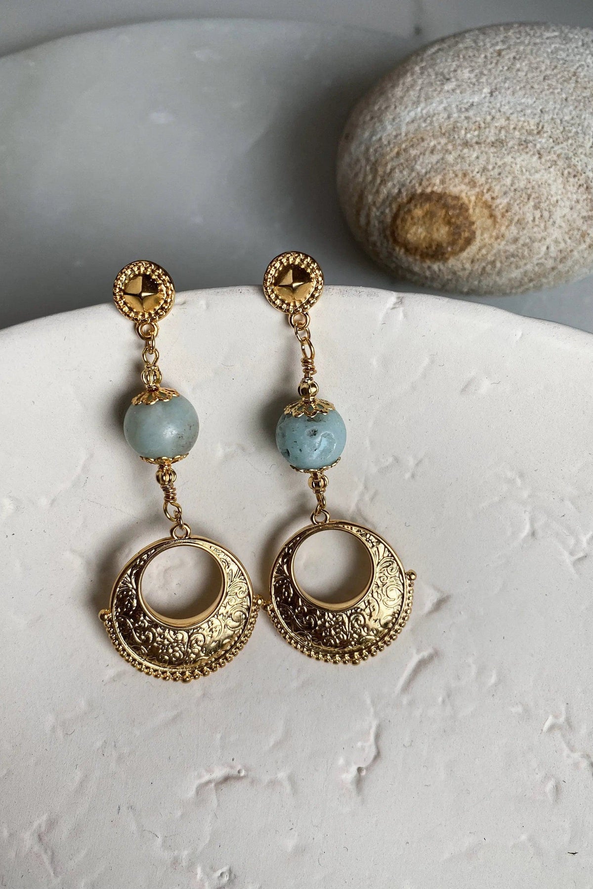 Gypsy gold Earrings with ornate circular gold-tone drops, fine chain links and pale blue-green round beads
