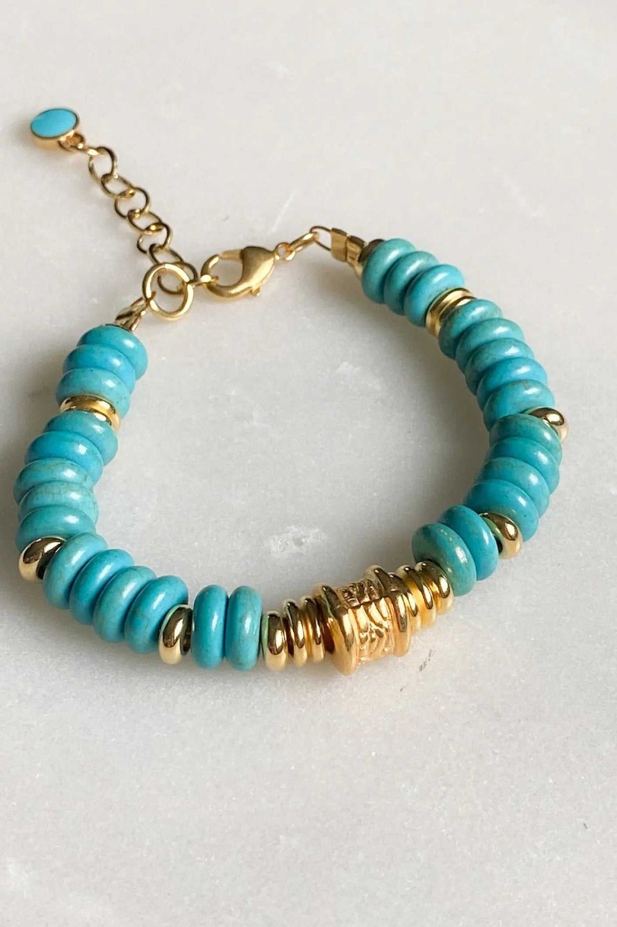 Heishi howlite beads bracelet with turquoise flat round stones, gold-tone accent beads, lobster clasp and extender chain