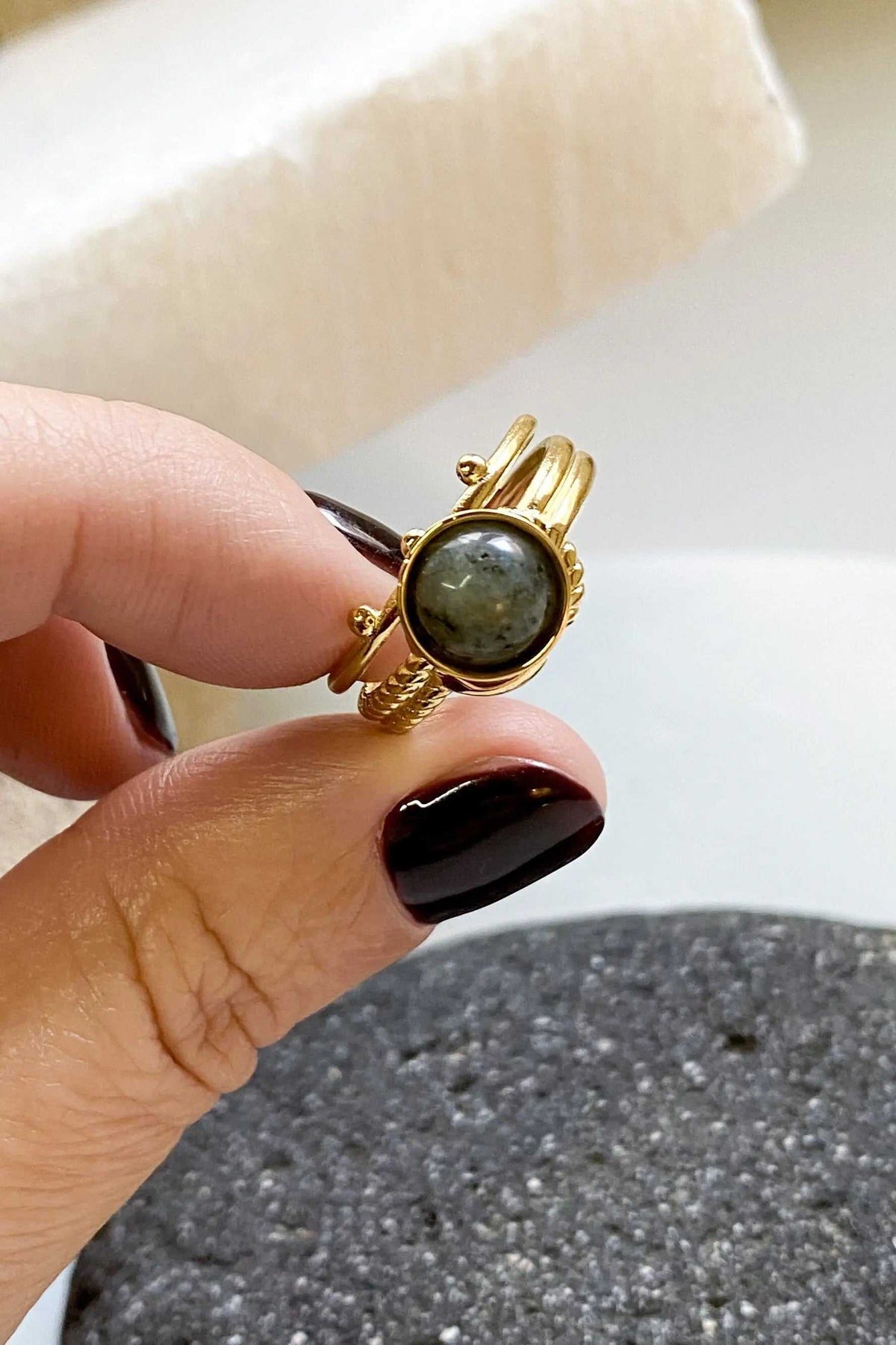 HERMINA Gold Stone Ring, gold-toned adjustable band with a round grey mottled stone and decorative ridged details
