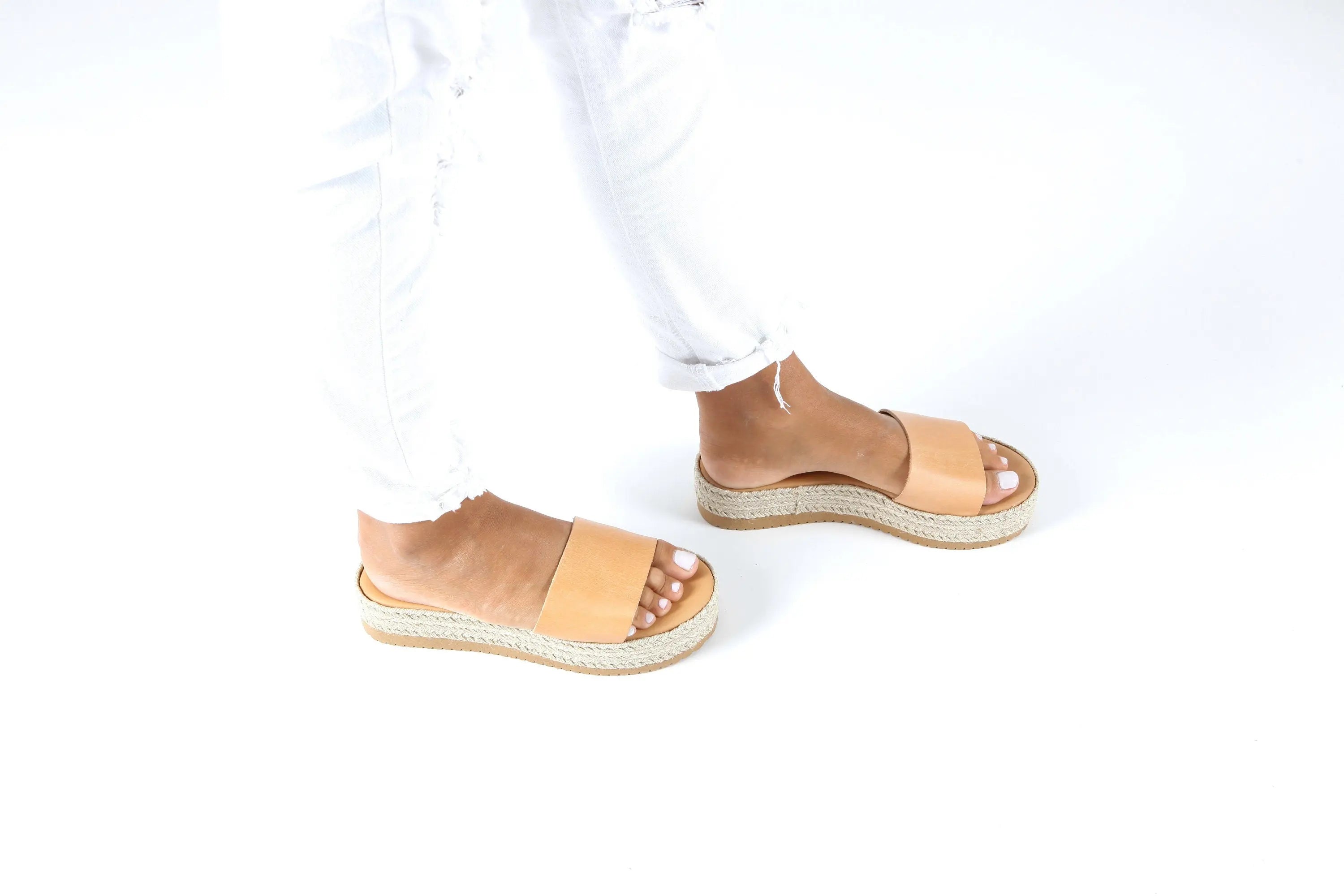 IKARIA Natural, Slides Platform Sandals, Flatforms Greek Sandals, Sandales Grecques, Sandalias Griegas, Espadrille leather Wedges