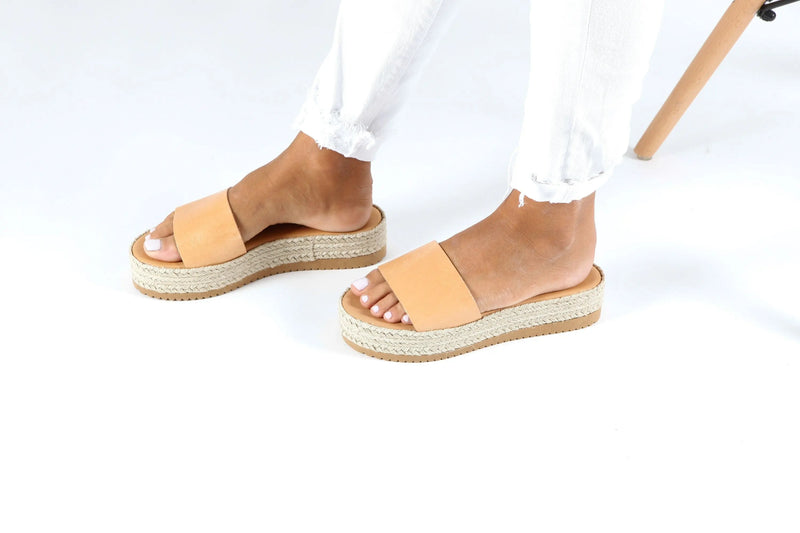 IKARIA Natural, Slides Platform Sandals, Flatforms Greek Sandals, Sandales Grecques, Sandalias Griegas, Espadrille leather Wedges