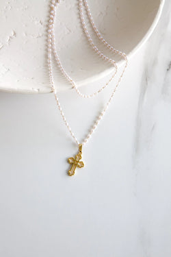 Cross necklace, Christian Cross rosario necklace, Double pearl necklace, Double Rosario NECKLACE with Byzantine Cross