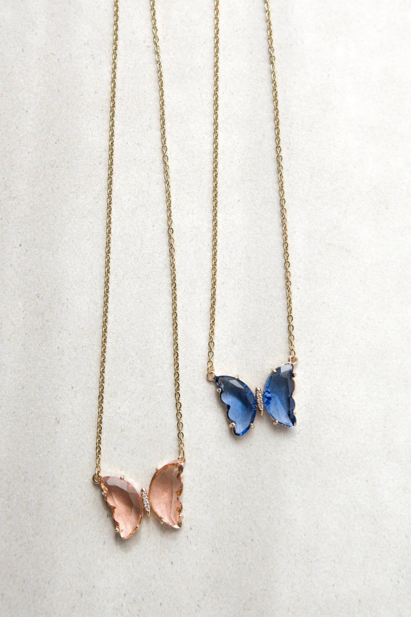 Minimalist dainty chain Necklace with butterfly crystal pendant, Blue crystal Butterfly necklace, Halskette Damen