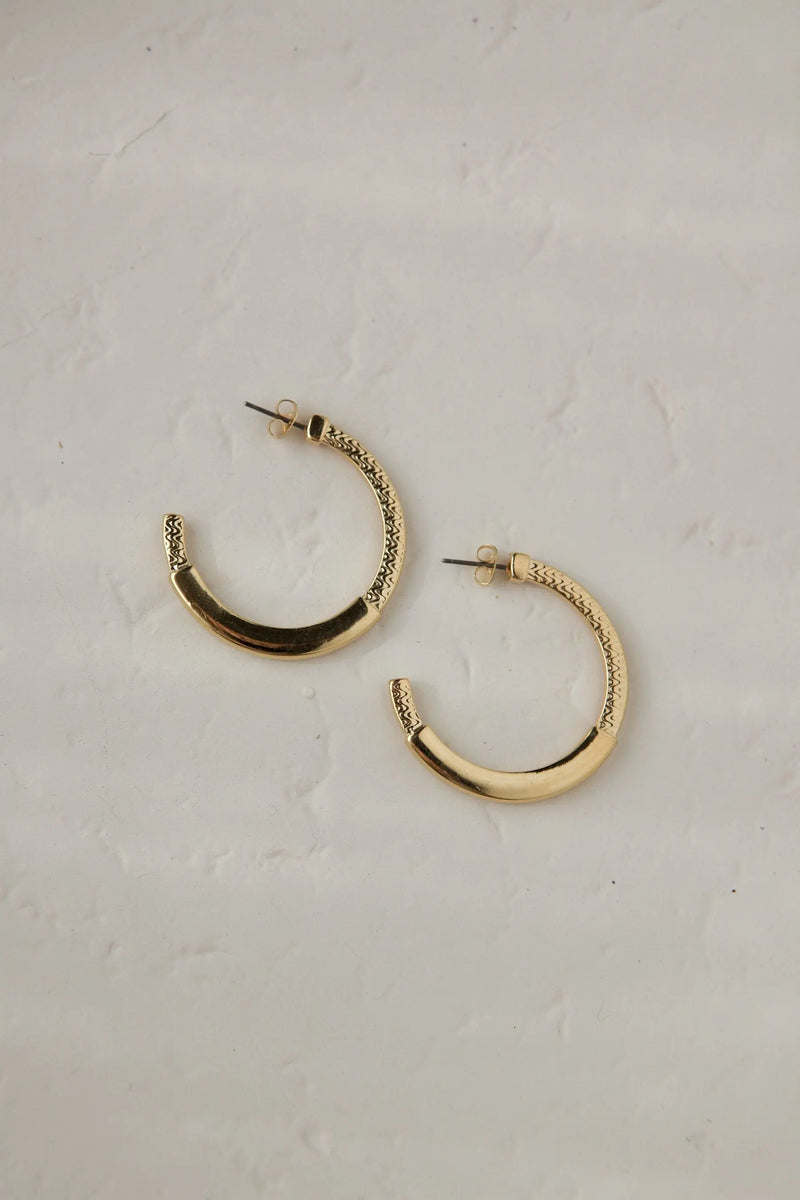 24 k gold filled hoops with tribal pattern, Minimalist hoop earrings, Thick flat hoops, Bohemian Chic Gold Gypsy
