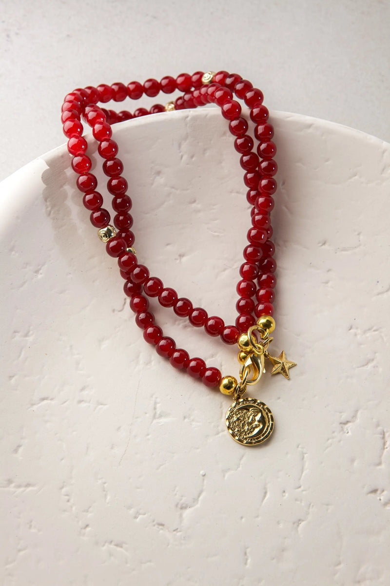 Red crystal beaded Bracelet and Necklace, Boho chic bracelet femme, charm bracelet with sun/moon pendant
