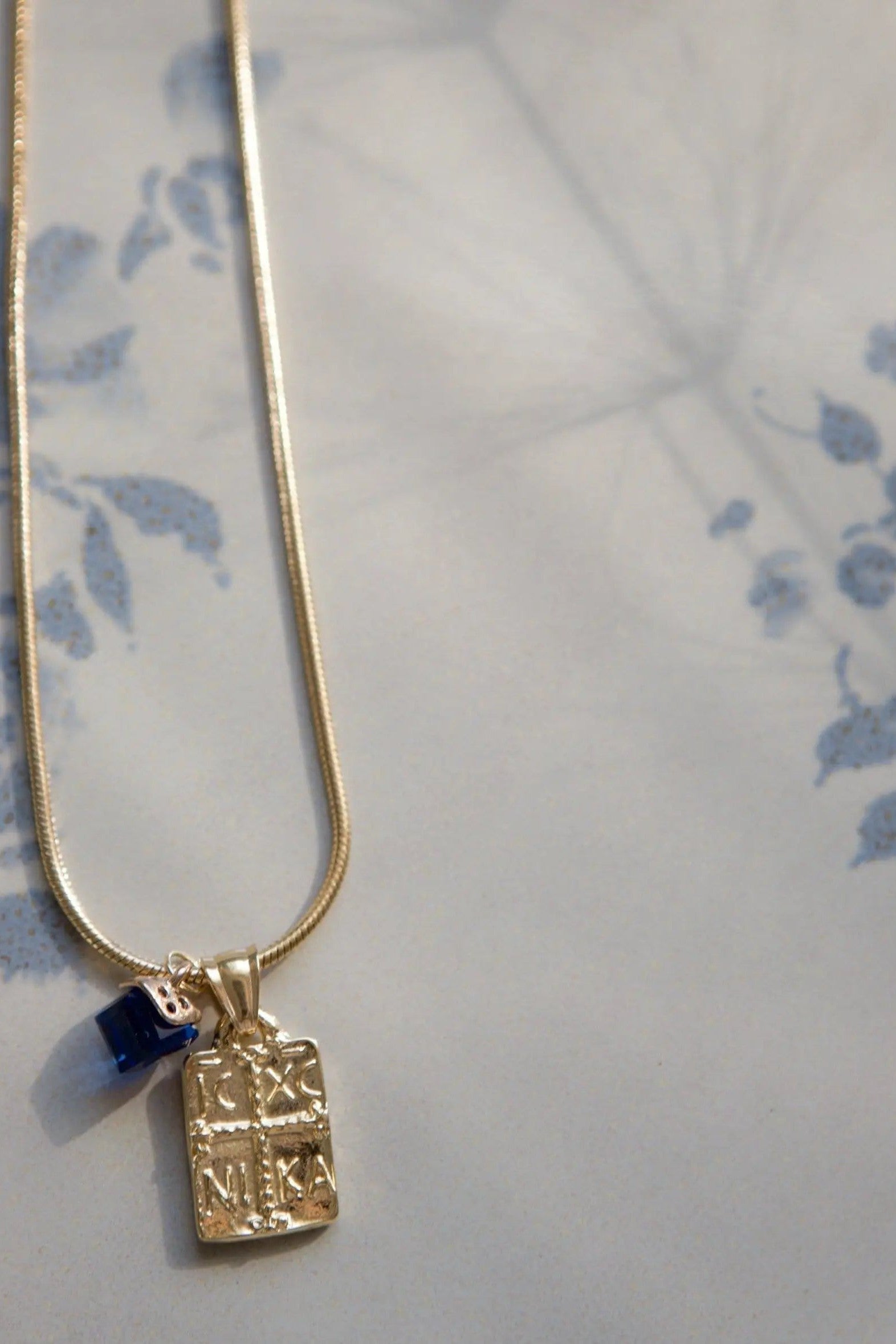 Christian Religious jewelry, Cross pendant necklace, Baptism gift, Snake chain vintage style necklace with blue cube lucky charm