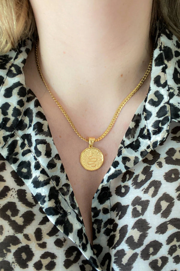 Snake Coin necklace, Collier serpent chaine or, Schlangenhalskette, Medallion Pendant Necklace