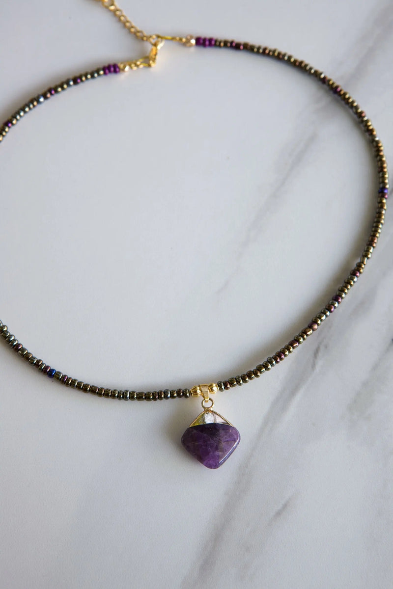Purple Necklace with Jade Pendant, Minimalist dainty necklace, Tiny beads necklace, Purple Jade necklace