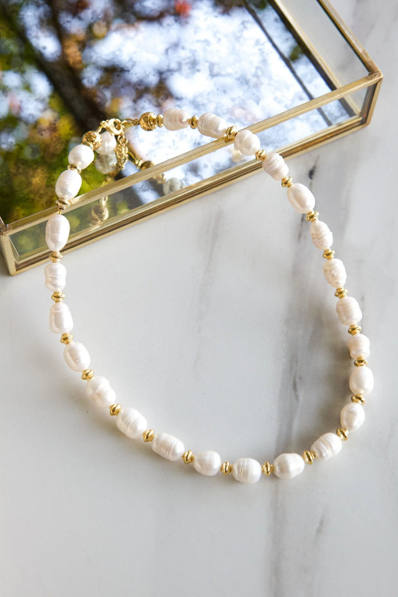 Pearls beaded necklace, white freshwater pearls necklace, wedding pearl jewelry, bridal necklace