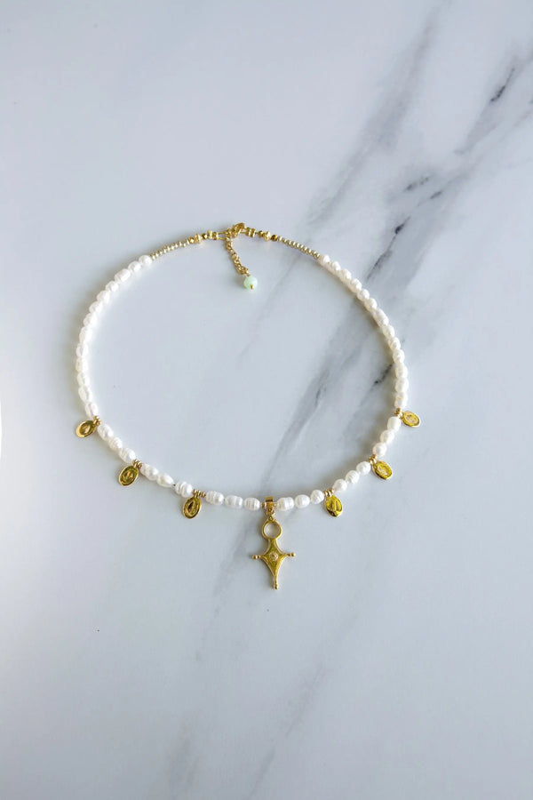 Real pearl beads necklace, Tribal Cross Necklace, Bijoux éthniques, Boho Perlenkette Damen, Bridal pearl necklace